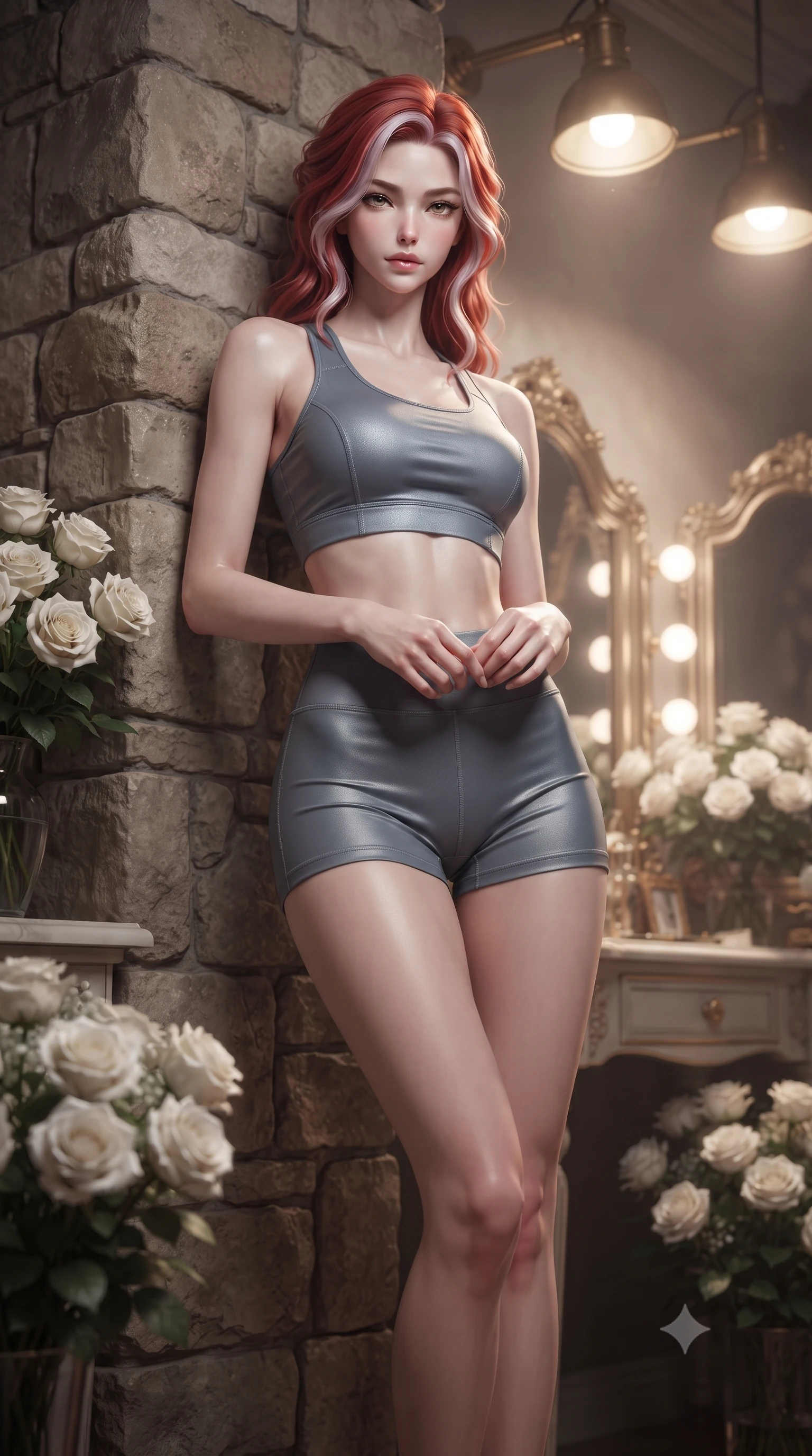 score_9, masterpiece, best quality, ultra-detailed, high-budget anime keyframe, editorial fashion photography, tasteful artistic composition, Caucasian woman. low angle full-body shot from head to toe showing her feet, filling the entire 9:16 vertical frame with her statuesque presence, stretching her vertical silhouette. leaning back against a rustic stone wall, casting a slow, alluring gaze at the camera the background shows a soft-focus the private dressing room of a lead soprano with bouquets of white roses. She has an absolutely perfect, statuesque 8.5-heads proportion, an exceptionally tall and slender model-like female figure with impossibly long slender legs and an ultra-slim waist. sharp v-shaped jawline, high-bridge nose, intricate jewel-like eyes with depth, thick eyelashes, glossy lips with a natural sheen. wearing a tailored body-hugging athletic crop top and high-waisted shorts set in slate grey. soft vanity lighting reflecting off the mirrors to create a glowing frame. ultra-reflective glossy finish, specular highlights, metallic sheen, high-contrast stereoscopic depth, volumetric dynamic lighting, 2k, ultra detail, master piece, 9:16 ratio