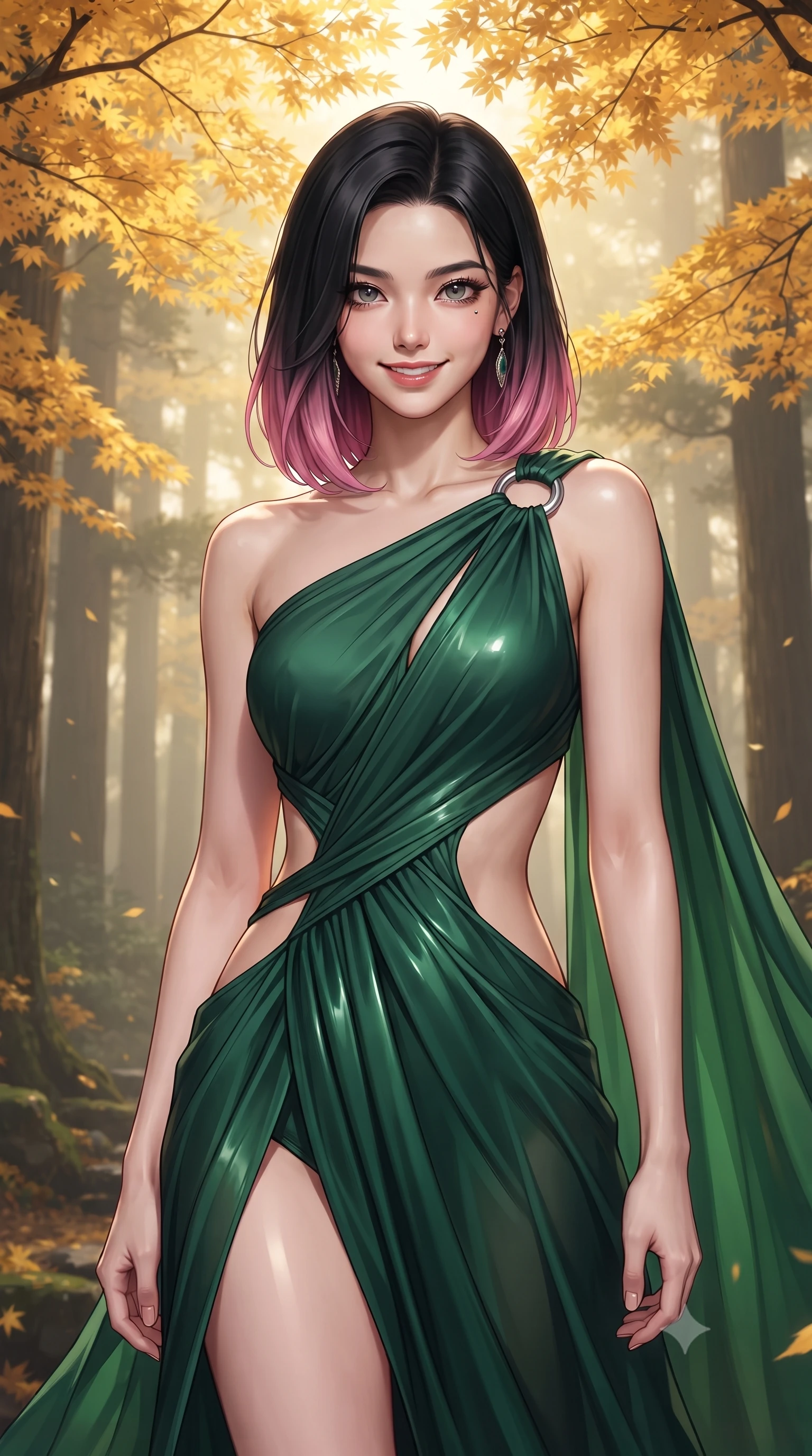 score_9, masterpiece, best quality, ultra-detailed, high-budget anime keyframe, editorial fashion photography, tasteful artistic composition, Korean woman. close-up cowboy shot from the waist and thighs up, the character dominates the composition, filling the frame with her large presence, background elements kept in soft focus. Smiling with quiet, magnetic self-assurance directly into the lens resting near a sacred mirror altar under a canopy of golden autumn maple leaves, morning fog scattering golden sunlight through towering cedar trees. She has an exceptionally elegant, slender, and willowy female figure with an ultra-slim waist, a gracefully sculpted slender torso, and a refined silhouette. sharp v-shaped jawline, high-bridge nose, intricate jewel-like eyes with depth, thick eyelashes, glossy lips with a natural sheen. wearing an asymmetrical Grecian draped chiffon gown with a metallic shoulder ring in deep emerald green and silver accent, woven from fine semi-opaque sheer organza, featuring clean architectural cutouts along her slender torso, the sleek second-skin texture accentuating her magnetic presence. bathed in mystical golden morning light filtered through dense forest fog. ultra-reflective glossy finish, specular highlights, metallic sheen, high-contrast stereoscopic depth, volumetric dynamic lighting, 2k, ultra detail, master piece, 9:16 ratio