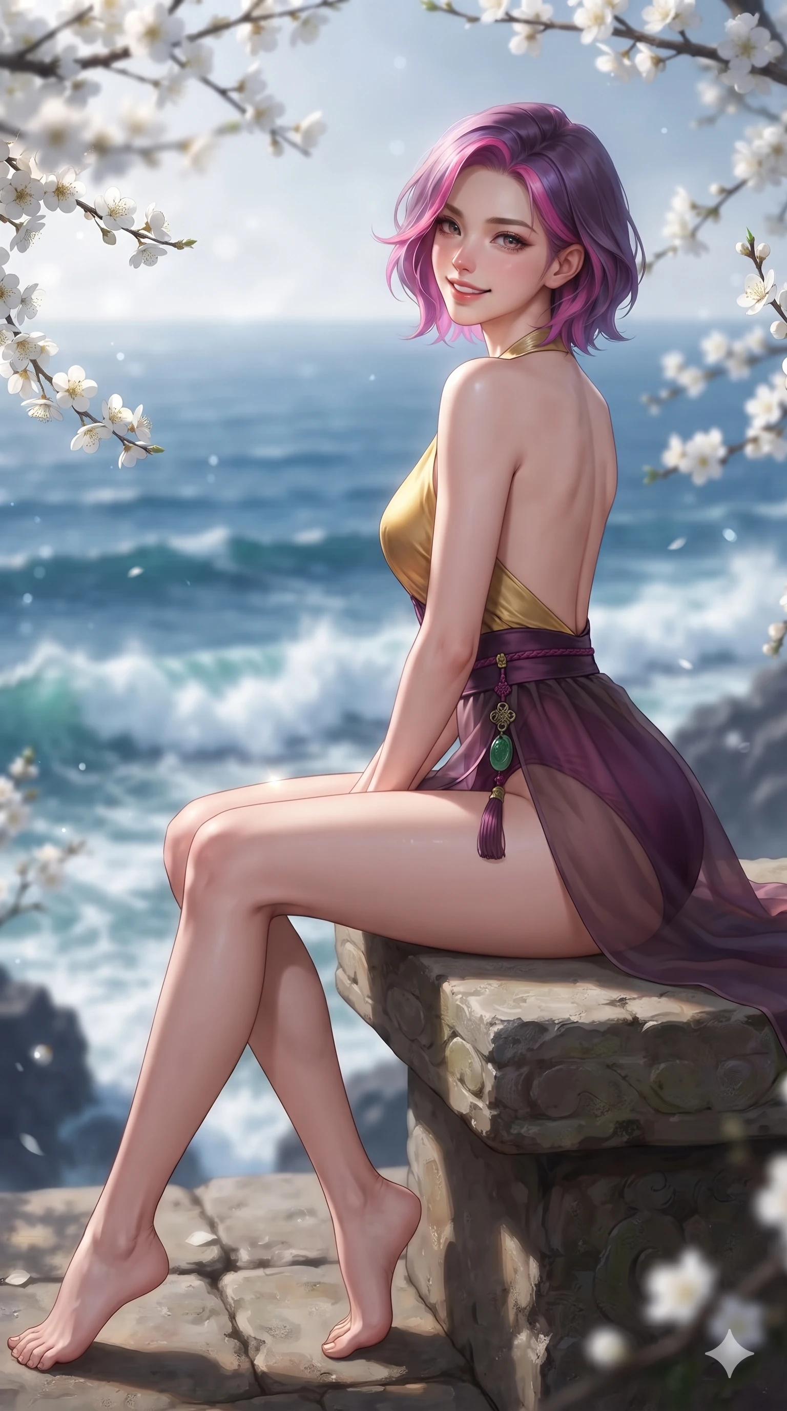 score_9, masterpiece, best quality, ultra-detailed, high-budget anime keyframe, editorial fashion photography, tasteful artistic composition, Caucasian woman. close-up cowboy shot from the waist and thighs up, the character dominates the composition, filling the frame with her large presence. smiling with quiet, magnetic self-assurance directly into the camera, her sculpted waistline catching specular moonbeam highlights while perched sideways on the stone bench with legs crossed, looking over a bare shoulder with parted glossy lips in an irresistible siren gaze. The background shows a soft-focus cascading white plum blossoms, crashing ocean surf far below, and endless midnight sea horizon blurred into pure white, sapphire, and cobalt bokeh. She has an exceptionally elegant, slender, and willowy female figure with an ultra-slim waist, flat toned midriff, narrow ribcage, and sculpted feminine hips creating an alluring, slim hourglass silhouette without bulk. sharp v-shaped jawline, high-bridge nose, sparkling eyes with hypnotic seductive depth, thick curled eyelashes, glossy parted lips with a natural dewy peach sheen, alluring bedroom-eyes with an enchanting coquettish smile, exuding magnetic siren charisma and sophisticated glamour, flawlessly proportioned anatomical accuracy, strict slender model proportions, natural body alignment, perfectly sculpted long slender limbs, ultra-slim waistline, clean dynamic posture without body distortion. wearing a liquid-tight backless silk halter leotard styled with a sheer wrap overskirt revealing her hip curve in imperial gold and royal plum purple, tailored from smooth liquid silk satin with a natural dewy moonlight sheen, finished with authentic carved jade pendants and traditional norigae knots, the glove-like clinging cut tightly following the natural contour of her hips and long slender legs with youthful 8.5-heads elegance. illuminated by ocean surf seafoam bounce and sharp platinum-azure rim lights defining her razor-sharp jawline, narrow waist, and curvy hips. ultra-reflective glossy finish, specular highlights, rich textural contrasts, high-contrast stereoscopic depth, volumetric dynamic lighting, 2k, ultra detail, master piece, 9:16 ratio