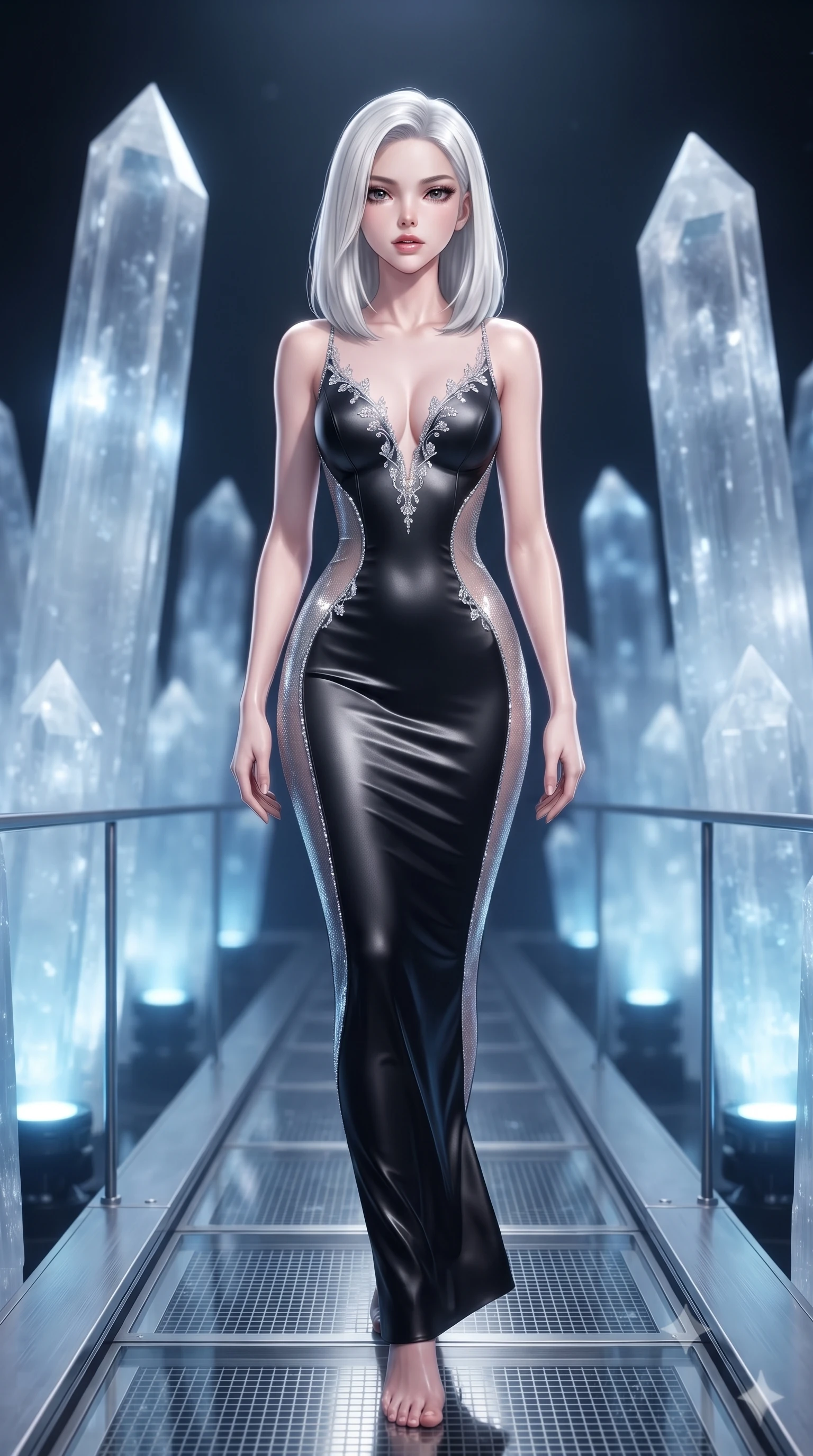 score_9, masterpiece, best quality, ultra-detailed, high-budget anime keyframe, editorial fashion photography, tasteful artistic composition, Korean woman. low angle full-body shot from head to toe showing her feet, filling the entire 9:16 vertical frame with her statuesque presence, stretching her vertical silhouette. striding forward in a proud supermodel runway stride, hips swaying in an alluring kinetic rhythm that accentuates her curvy hourglass silhouette while standing on a suspended high-tech walkway between colossal translucent selenite crystal spires, arching her back as blue research spotlights illuminate their inner glow. The composition keeps background elements in soft focus with creamy bokeh. towering translucent selenite crystal pillars and glowing blue inspection lights blurred into ethereal sapphire, ice-blue, and diamond bokeh. She has an exceptionally tall and slender model-like 8.5-heads proportion, an ultra-slim waist, a flat toned midriff, narrow delicate ribcage, and beautifully sculpted feminine hips creating a graceful, slim hourglass silhouette without any bulky heaviness, with impossibly long slender legs. sharp v-shaped jawline, high-bridge nose, intricate jewel-like eyes with depth, thick eyelashes, glossy parted lips with a natural sheen, intensely captivating and seductive bedroom-eyes expression, flawlessly proportioned anatomical accuracy, strict slender model proportions, natural body alignment, perfectly sculpted long slender limbs, ultra-slim waistline, clean dynamic posture without body distortion. wearing a second-skin black silk jersey maxi dress with asymmetrical sheer mesh side panels tracing the full curve of her hip in shimmering silver mercury and pearl white, tailored from ultra-smooth duchess satin with a pearlescent sheen, finished with delicate crystal frost embroidery tracing the plunging neckline, the glove-like aerodynamic silhouette tightly following the natural contour of her hips and long slender legs with statuesque 8.5-heads elegance. illuminated by dazzling crystal facet reflections sharply defining her sculpted collarbones, ultra-slim waist, and curvy hips. ultra-reflective glossy finish, specular highlights, rich textural contrasts, high-contrast stereoscopic depth, volumetric dynamic lighting, 2k, ultra detail, master piece, 9:16 ratio
