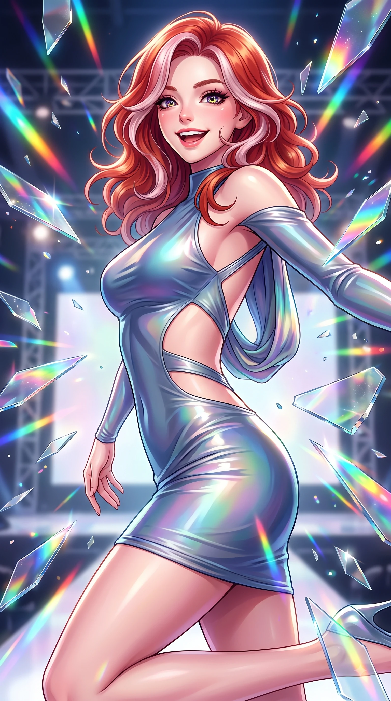 score_9, masterpiece, best quality, ultra-detailed, high-budget anime keyframe, editorial fashion photography, tasteful artistic composition, Caucasian woman. close-up cowboy shot from the waist and thighs up, the character dominates the composition, filling the frame with her large presence, background elements kept in soft focus. Cheerful beaming smile with parted lips, exuding pure enchanting charm while turning dynamically toward the camera while leaping dynamically through the air with a radiant laughing expression on an open art stage, shattered mirror shards scattering brilliant rainbow reflections and happy energy everywhere. She has an exceptionally elegant, slender, and willowy female figure with an ultra-slim waist, a gracefully sculpted slender torso, and a refined silhouette. sharp v-shaped jawline, high-bridge nose, intricate jewel-like eyes with depth, thick eyelashes, glossy lips with a natural sheen, flawlessly proportioned anatomical accuracy, natural body alignment, perfectly sculpted elegant limbs, clean dynamic posture without body distortion. wearing a precision-fitted liquid jersey bodycon dress with a graceful draped back in slate blue and metallic silver, crafted from iridescent chiffon that shifts colors in the light, featuring clean architectural cutouts along her slender torso, the glove-like fit emphasizing her statuesque silhouette during motion. illuminated by brilliant multi-color rainbow light refracting through glass prisms. highly saturated vibrant anime colors, detailed shading with soft gradients, rich glossy textures, high-contrast stereoscopic depth, volumetric dynamic lighting, master piece, 9:16 ratio