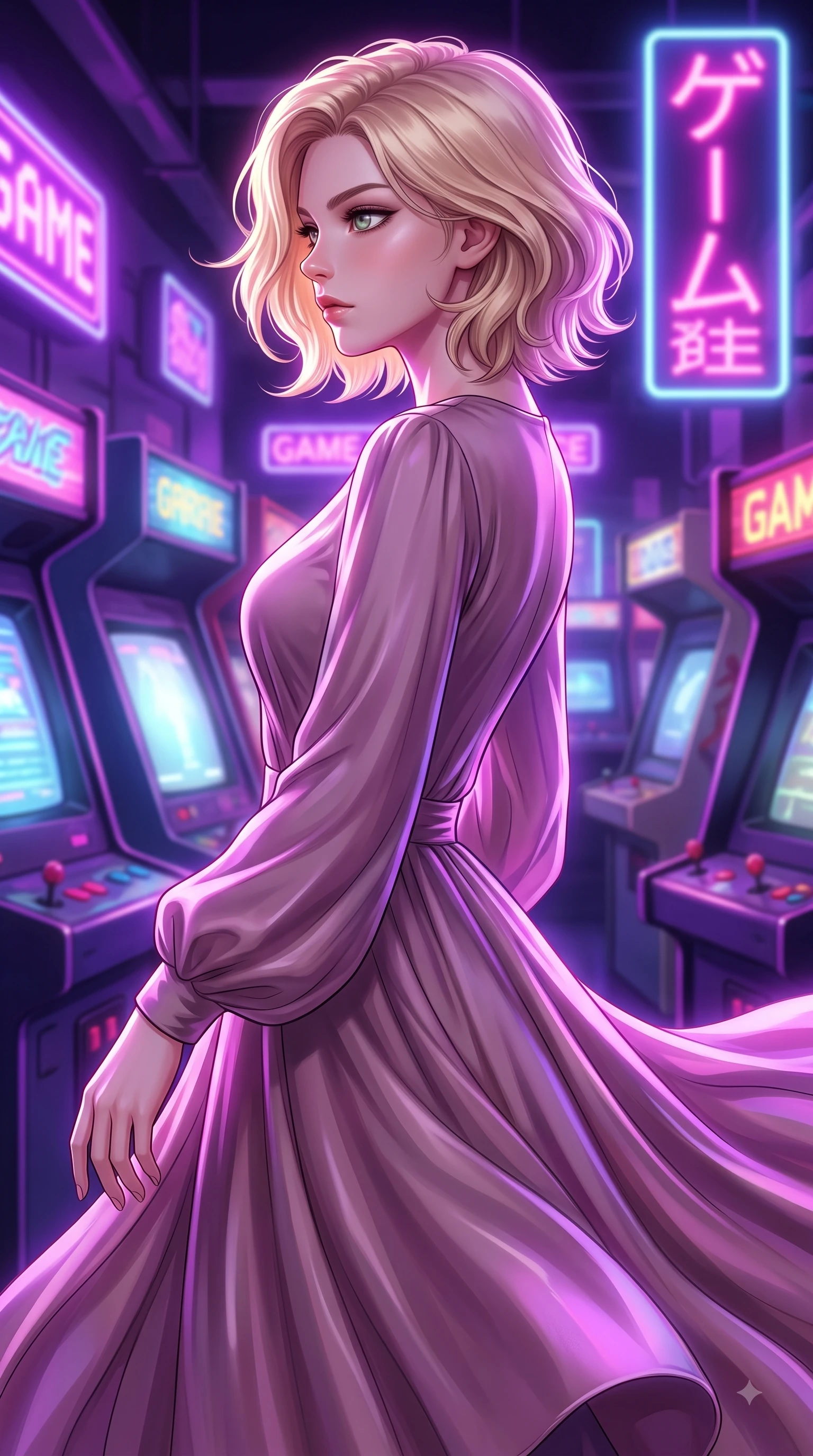 score_9, masterpiece, best quality, ultra-detailed, high-budget anime keyframe, editorial fashion photography, tasteful artistic composition, Caucasian woman woman. close-up cowboy shot from the waist and thighs up, the character dominates the composition, filling the frame with her large presence, background elements kept in soft focus. She has an exceptionally elegant, slender, and willowy female figure with an ultra-slim waist, a gracefully sculpted slender torso, and a refined silhouette. turning her head in a sharp dramatic profile against the key light, her eyes glowing with calm focus, flawlessly proportioned anatomical accuracy, natural body alignment, perfectly sculpted elegant limbs, clean dynamic posture without body distortion. set against a soft-focus background of a retro cyber arcade filled with glowing CRT screens and neon signs. wearing a serene dusty mauve chiffon maxi dress with long bishop sleeves. bathed in strobing violet and electric pink neon lights refracting on her outfit. highly saturated vibrant anime colors, detailed shading with soft gradients, rich glossy textures, high-contrast stereoscopic depth, volumetric dynamic lighting, master piece, 9:16 ratio