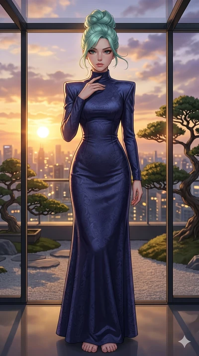 score_9, masterpiece, best quality, ultra-detailed, high-budget anime keyframe, editorial fashion photography, tasteful artistic composition, Japanese woman. low angle full-body shot from head to toe showing her feet, filling the entire 9:16 vertical
