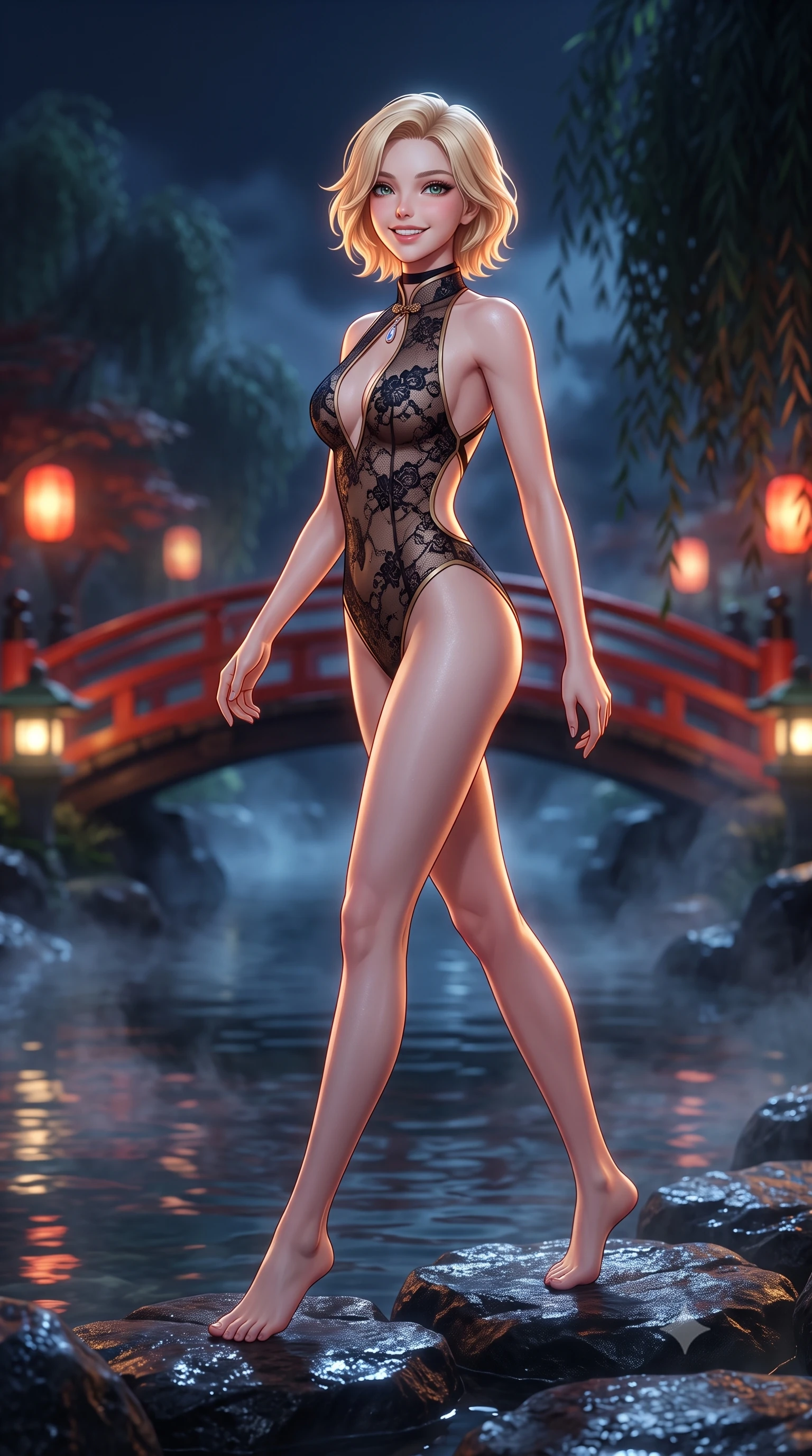 score_9, masterpiece, best quality, ultra-detailed, high-budget anime keyframe, semi-realistic 3D game render, editorial fashion photography, tasteful artistic composition, Caucasian woman. low angle full-body shot from head to toe showing her feet, filling the entire 9:16 vertical frame with her statuesque presence, stretching her vertical silhouette. stepping forward in a confident stride, her long slender legs and curvaceous hips creating a dynamic, sweeping vertical line while standing poised on the wet volcanic basalt rocks beside the natural steaming hot spring river, arching her lower back with wet-look siren grace as nocturnal mountain mist swirls. The background shows a soft-focus vermilion arched bridge spanning the dark river, weeping Japanese maples shrouded in nocturnal fog, and glowing stone toro lanterns blurred into vermilion, jade, and charcoal bokeh. She has an exceptionally tall and slender model-like 8.5-heads proportion, an ultra-slim waist, a flat toned midriff, narrow delicate ribcage, and beautifully sculpted feminine hips creating a graceful, slim hourglass silhouette without any bulky heaviness, with impossibly long slender legs. sharp v-shaped jawline, high-bridge nose, intricate jewel-like sparkling eyes with depth, thick eyelashes, glossy parted lips with a natural peach sheen, bright cheerful beaming smile with an enchanting and coquettish sensual glint, exuding both youthful cute charm and seductive allure, flawlessly proportioned anatomical accuracy, strict slender model proportions, natural body alignment, perfectly sculpted long slender limbs, ultra-slim waistline, clean dynamic posture without body distortion. wearing a delicate sheer Chantilly lace cheongsam teddy with open mandarin collar and deep keyhole back in deep midnight obsidian black and liquid champagne gold, made of fluid liquid jersey with seamless sculpting hold and smooth contours, finished with a thin velvet ribbon choker and a single teardrop diamond pendant, the precision-cut side openings and low-back scoop framing her graceful spine and the sensual sweep of her slim, toned hips. bathed in the romantic vermilion-and-gold 2300K lantern glows contrasted with cool deep-blue mountain mist. highly saturated vibrant anime colors, detailed shading with soft gradients, rich glossy textures, high-contrast stereoscopic depth, volumetric dynamic lighting, master piece, 9:16 ratio