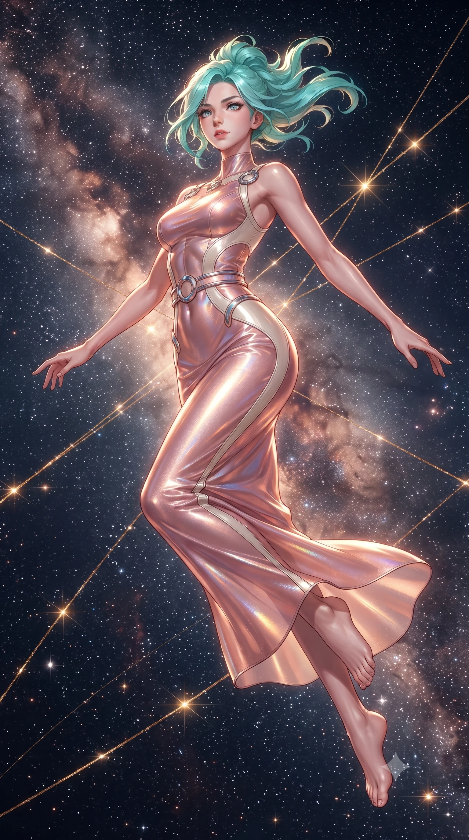 score_9, masterpiece, best quality, ultra-detailed, high-budget anime keyframe, editorial fashion photography, tasteful artistic composition, Japanese woman. low angle full-body shot from head to toe showing her feet, filling the entire 9:16 vertical frame with her statuesque presence, stretching her vertical silhouette. leaping dynamically through the luminous sky, her posture full of power and elegance, poised before a giant starlight tapestry reflecting deep navy and rose gold nebulae, metallic golden thread lines glittering with sharp specular highlights. She has an absolutely perfect, statuesque 8.5-heads proportion, an exceptionally tall and slender model-like female figure with impossibly long slender legs and an ultra-slim waist. sharp v-shaped jawline, high-bridge nose, intricate jewel-like eyes with depth, thick eyelashes, glossy lips with a natural sheen. wearing second-skin iridescent hologram organza bodycon maxi dress in rose-gold pink, made of polished ivory leather, accented with sculpted opal chrome rings at the waist, sculpting her athletic slender build with refined precision. illuminated by brilliant golden starlight rays and warm celestial inner glow. ultra-reflective glossy finish, specular highlights, metallic sheen, high-contrast stereoscopic depth, volumetric dynamic lighting, 2k, ultra detail, master piece, 9:16 ratio