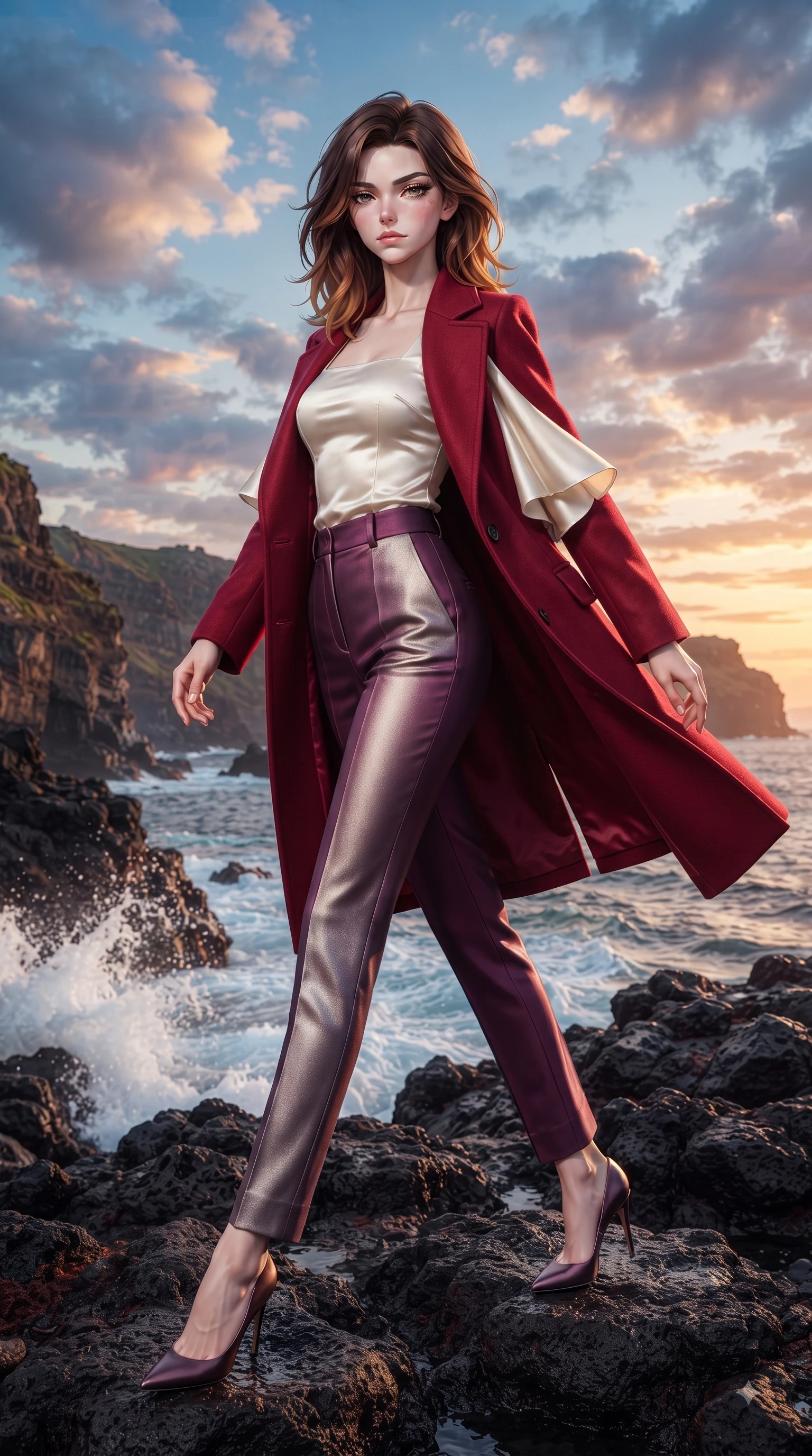 score_9, masterpiece, best quality, ultra-detailed, high-budget anime keyframe, editorial fashion photography, tasteful artistic composition, Korean woman. low angle full-body shot from head to toe showing her feet, filling the entire 9:16 vertical frame with her statuesque presence, stretching her vertical silhouette. Indifferent cold glance casting a disdainful side-eye from beneath long dark eyelashes with aloof confidence while pivoting in mid-motion on dark volcanic rocks with a windswept, magnetic stance. The surrounding environment is rendered in vivid detail and crisp panoramic clarity. dramatic sea cliff textures, splashing wave foam, and vibrant sunset sky clouds in panoramic clarity. She has an absolutely perfect, statuesque 8.5-heads proportion, an exceptionally tall and slender model-like female figure with impossibly long slender legs and an ultra-slim waist. sharp v-shaped jawline, high-bridge nose, intricate jewel-like eyes with depth, thick eyelashes, glossy lips with a natural sheen, flawlessly proportioned anatomical accuracy, natural body alignment, perfectly sculpted elegant limbs, clean dynamic posture without body distortion. wearing a tailored crimson red wool coat over a fitted ivory silk top and tailored trousers in rich plum violet and metallic platinum, crafted from soft breathable Italian linen, featuring elegant flutter sleeves and a graceful square neckline, the chic fashion cut framing her graceful clavicle and slender torso. surrounded by an majestic, emotional, and breathtaking coastal editorial aura. ultra-reflective glossy finish, specular highlights, metallic sheen, high-contrast stereoscopic depth, volumetric dynamic lighting, 2k, ultra detail, master piece, 9:16 ratio