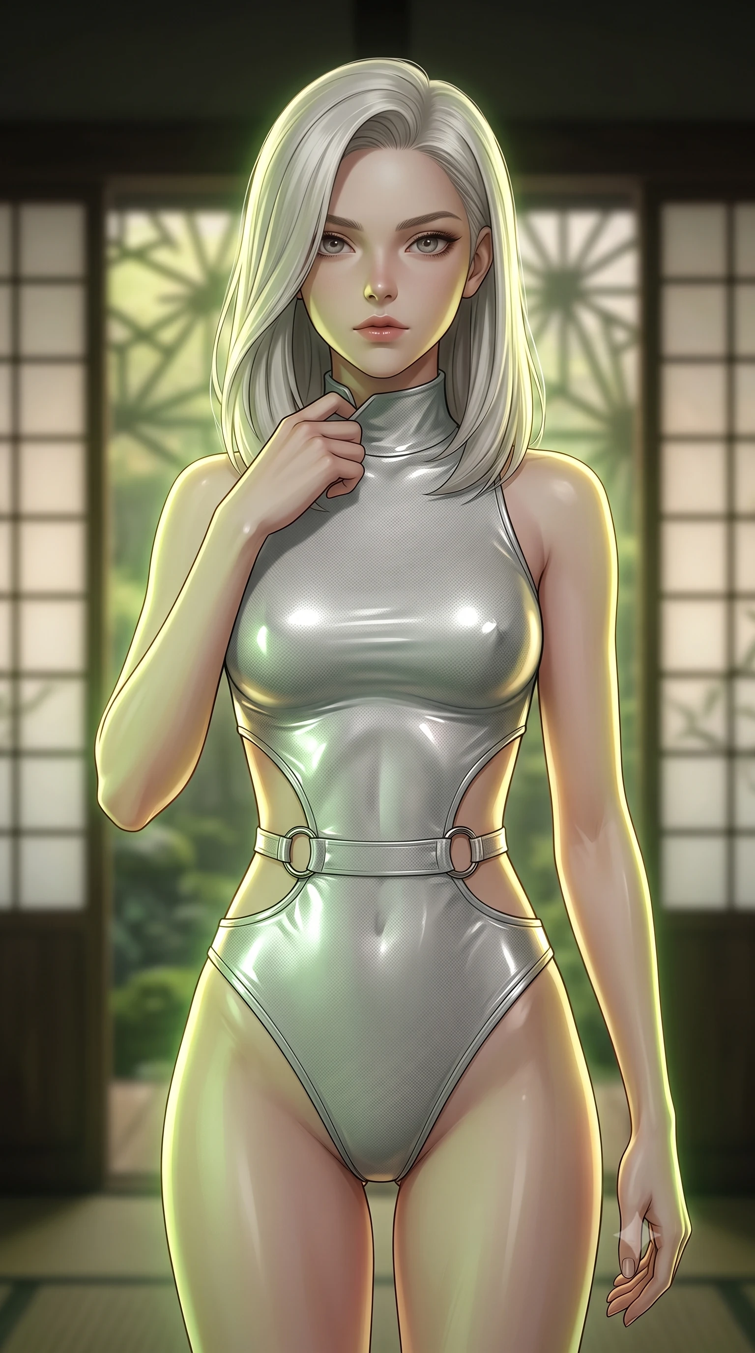 score_9, masterpiece, best quality, ultra-detailed, high-budget anime keyframe, editorial fashion photography, tasteful artistic composition, Caucasian woman. close-up cowboy shot from the waist and thighs up, the character dominates the composition, filling the frame with her large presence, background elements kept in soft focus. adjusting the high collar of her body-hugging suit, looking past the camera with quiet, sharp focus and a composed expression, the background shows a soft-focus a moss grotto temple with paper screens showing a silhouette of geometric patterns. She has an exceptionally elegant, slender, and willowy female figure with an ultra-slim waist, a gracefully sculpted slender torso, and a refined silhouette. sharp v-shaped jawline, high-bridge nose, intricate jewel-like eyes with depth, thick eyelashes, glossy lips with a natural sheen. wearing a tailored light carbon-plate combat bodysuit featuring dramatic geometric open-waist cutouts framed by chrome ring hardware. soft green and yellow digital plant light wrapping her form in an organic glow. ultra-reflective glossy finish, specular highlights, metallic sheen, high-contrast stereoscopic depth, volumetric dynamic lighting, 2k, ultra detail, master piece, 9:16 ratio