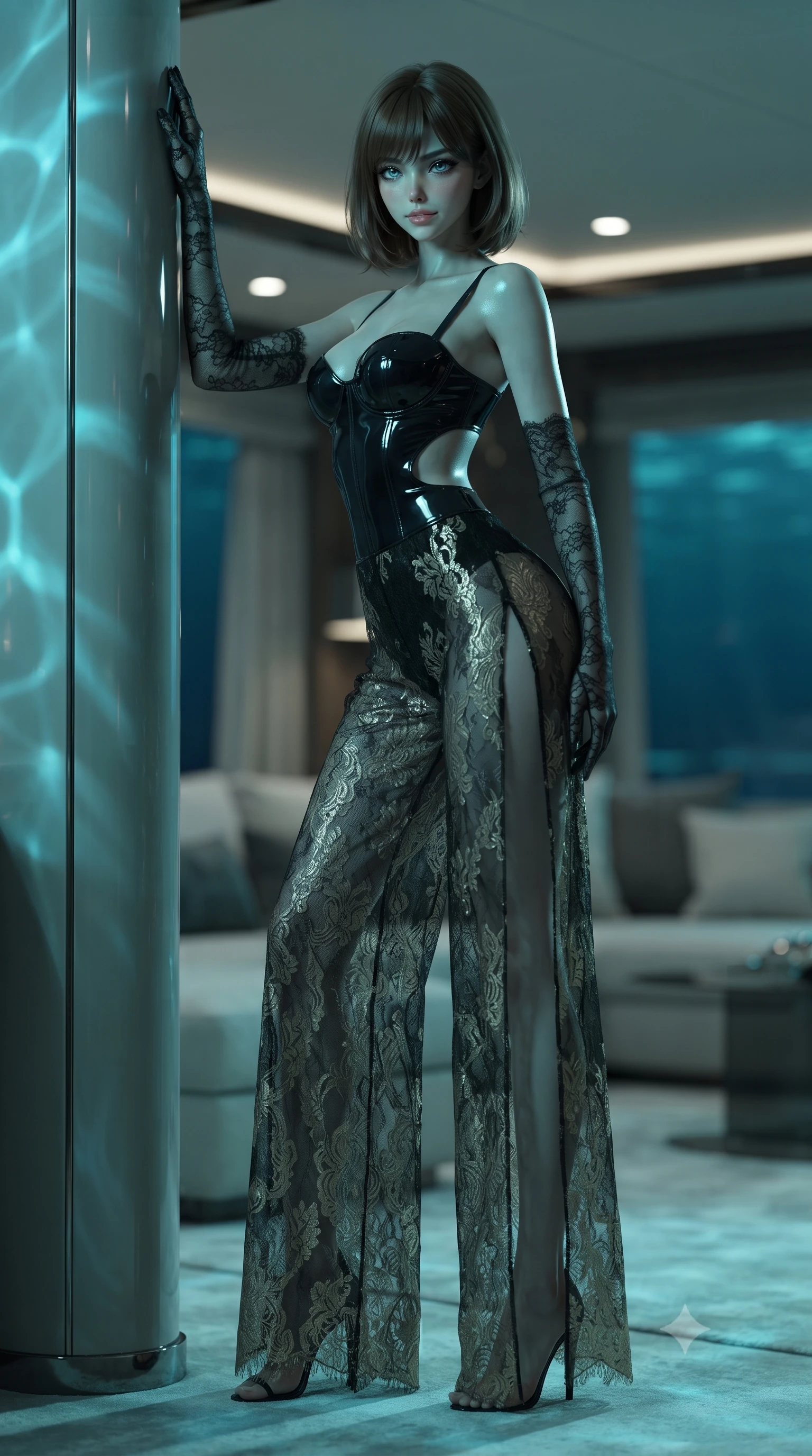score_9, masterpiece, best quality, ultra-detailed, high-budget anime keyframe, editorial fashion photography, tasteful artistic composition, Caucasian woman. low angle full-body shot from head to toe showing her feet, filling the entire 9:16 vertical frame with her statuesque presence, stretching her vertical silhouette. standing tall beside the architectural column, one hand resting high while arching her lower back to emphasize her sculpted feminine hips and slender waist while twisting her slender torso in an alluring contrapposto stance, undulating underwater LED caustics painting glowing cyan ribbons across her curves. The background shows a soft-focus plush interior yacht salon furnishings softened in subterranean nautical shallow focus. She has an absolutely perfect, statuesque 8.5-heads proportion, an exceptionally tall and slender model-like female figure with impossibly long slender legs, an ultra-slim waist, a flat toned midriff, narrow delicate ribcage, and beautifully sculpted feminine hips creating a graceful, slim hourglass silhouette without any bulky heaviness. sharp v-shaped jawline, high-bridge nose, sparkling eyes with hypnotic seductive depth, thick curled eyelashes, glossy parted lips with a natural dewy peach sheen, alluring bedroom-eyes with an enchanting coquettish smile, exuding magnetic siren charisma and sophisticated glamour, flawlessly proportioned anatomical accuracy, strict slender model proportions, natural body alignment, perfectly sculpted long slender limbs, ultra-slim waistline, clean dynamic posture without body distortion. wearing a wet-look form-fitting vinyl bustier paired with sheer chiffon high-slit wide-leg trousers in midnight obsidian black and liquid champagne gold, made of delicate semi-sheer French Chantilly lace with intricate eyelash edges, complemented by sheer opera-length lace evening gloves tracing her slender arms, the precision-cut side openings and low-back scoop framing her graceful spine and the sensual sweep of her slim, toned hips. bathed in eerie glowing cobalt-and-cyan light radiating inward through the submerged panoramic glass windows. ultra-reflective glossy finish, specular highlights, rich textural contrasts, high-contrast stereoscopic depth, volumetric dynamic lighting, 2k, ultra detail, master piece, 9:16 ratio