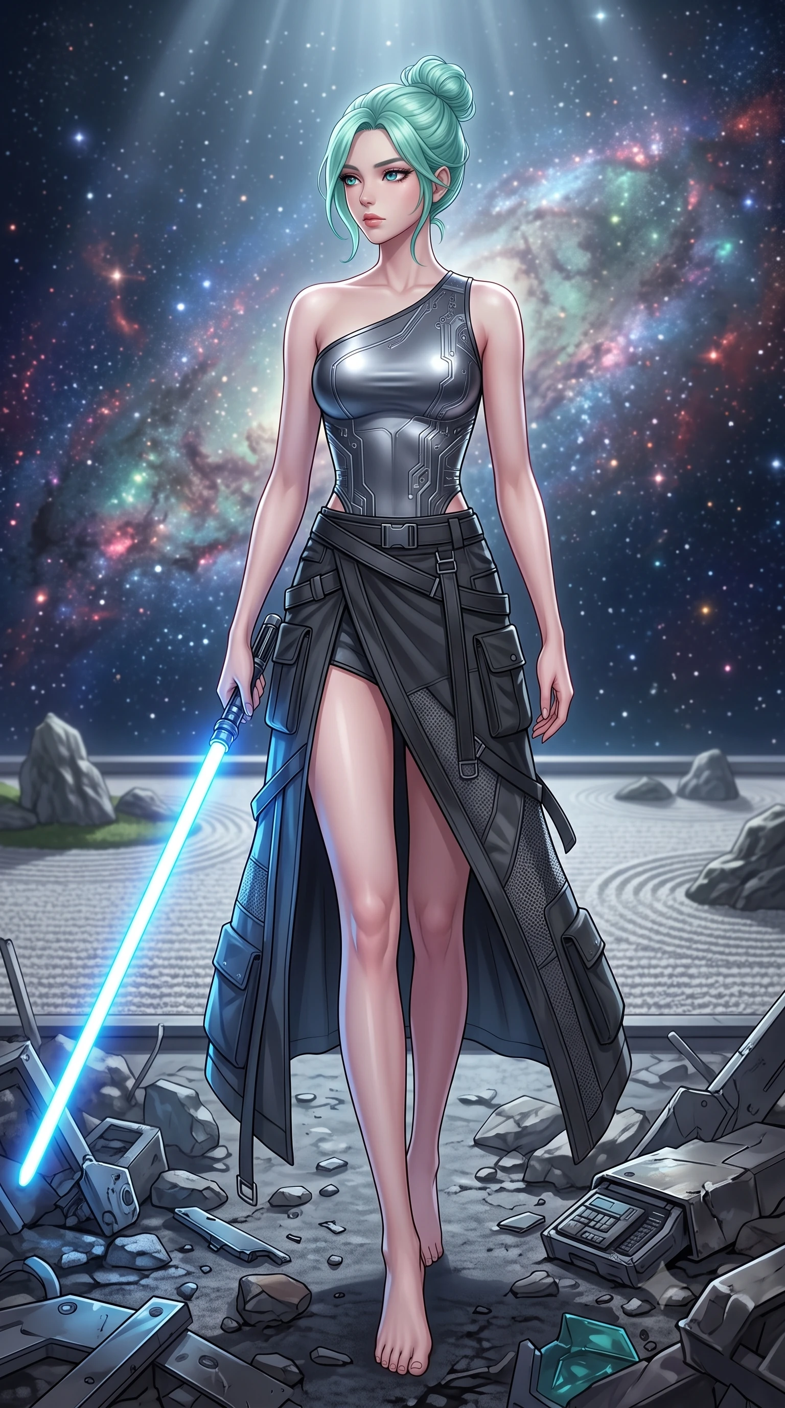 score_9, masterpiece, best quality, ultra-detailed, high-budget anime keyframe, editorial fashion photography, tasteful artistic composition, Japanese woman. low angle full-body shot from head to toe showing her feet, filling the entire 9:16 vertical frame with her statuesque presence, stretching her vertical silhouette. stepping gracefully through battlefield debris with a glowing saber hilt in hand, looking back over her shoulder, the background shows a soft-focus a rock garden observatory platform looking out at a space nebula in stardust. She has an absolutely perfect, statuesque 8.5-heads proportion, an exceptionally tall and slender model-like female figure with impossibly long slender legs and an ultra-slim waist. sharp v-shaped jawline, high-bridge nose, intricate jewel-like eyes with depth, thick eyelashes, glossy lips with a natural sheen. wearing a body-hugging asymmetric one-shoulder nanotech bodice paired with a daring high-slit tactical utility wrap skirt. soft silver starlight wrapping her statuesque posture in a quiet, solemn mood. highly saturated vibrant anime colors, detailed shading with soft gradients, rich glossy textures, high-contrast stereoscopic depth, volumetric dynamic lighting, master piece, 9:16 ratio