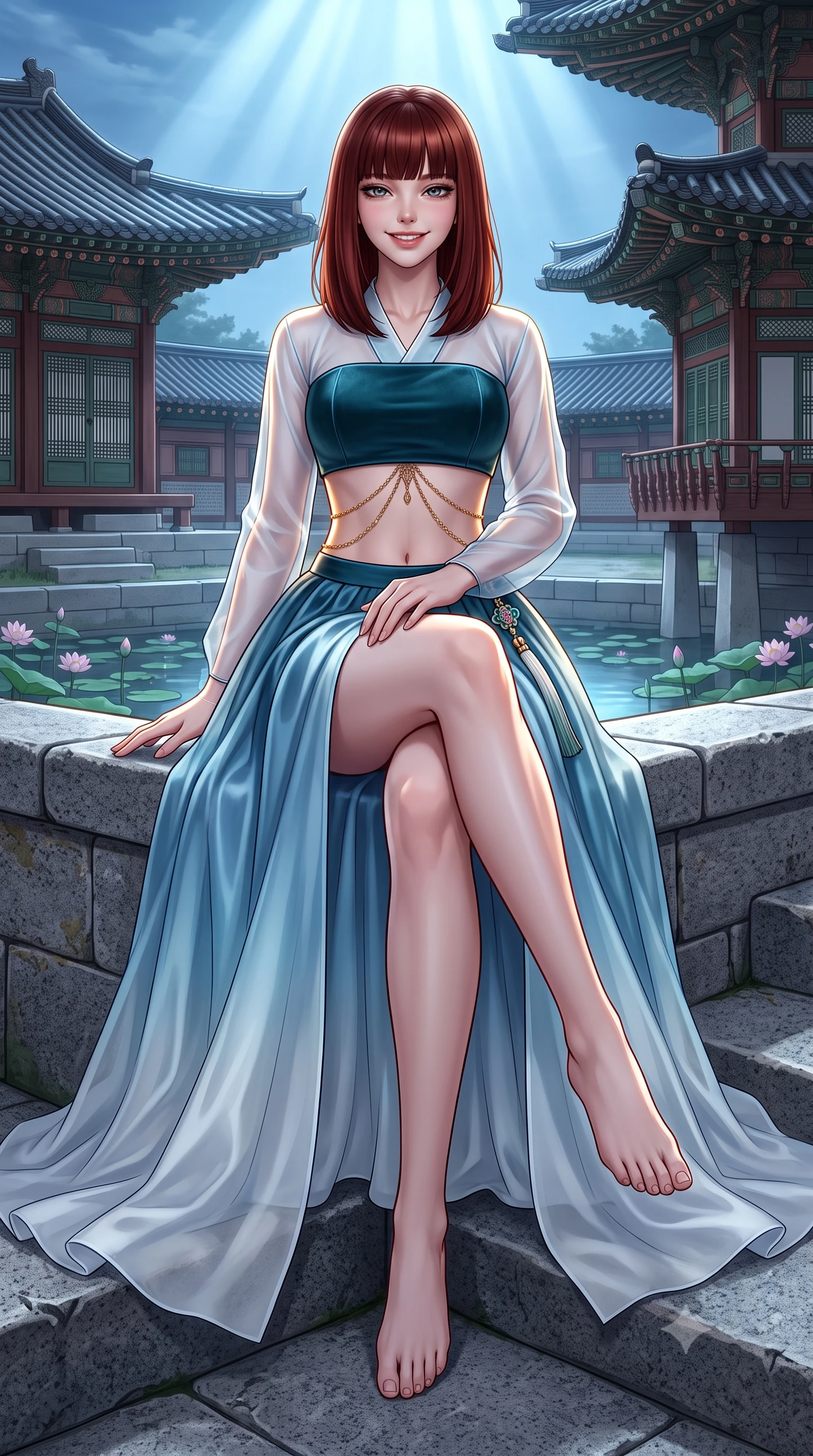score_9, masterpiece, best quality, ultra-detailed, high-budget anime keyframe, semi-realistic 3D game render, editorial fashion photography, tasteful artistic composition, Caucasian woman. low angle full-body shot from head to toe showing her feet, filling the entire 9:16 vertical frame with her statuesque presence, stretching her vertical silhouette. sitting perched on the elevated pavilion terrace edge with legs crossed and hips angled toward the camera, displaying her toned midriff and long slender limbs with joyful, coquettish charm while sitting poised on the stone steps of the island pavilion with legs crossed, her modern fusion hanbok trailing gracefully across ancient granite. The surrounding environment is rendered in vivid detail and crisp panoramic clarity: detailed sheer jeogori silk weave, delicate norigae jewelry sparkle, and Joseon royal palace architecture in razor-sharp precision. She has an absolutely perfect, statuesque 8.5-heads proportion, an exceptionally tall and slender model-like female figure with impossibly long slender legs, an ultra-slim waist, a flat toned midriff, narrow delicate ribcage, and beautifully sculpted feminine hips creating a graceful, slim hourglass silhouette without any bulky heaviness. sharp v-shaped jawline, high-bridge nose, intricate jewel-like dark sparkling almond eyes with depth, thick lashes, glossy parted lips with a natural rose-plum sheen, bright alluring and coquettish smile with bedroom-eyes, exuding both timeless oriental elegance and sovereign high-fashion allure, flawlessly proportioned anatomical accuracy, strict slender model proportions, natural body alignment, perfectly sculpted long slender limbs, ultra-slim waistline, clean dynamic posture without body distortion. wearing a modern fusion hanbok dress with a structured velvet bodice and cascading sheer ombre organza skirt with front slit in pure celadon porcelain blue and cloud white, crafted from heavy fluid silk satin with a liquid mirror-like sheen, accented with a delicate gold body chain draping loosely across her flat midriff, the precision-cut side hip slits and low-back scoop framing her graceful spine and the sensual sweep of her slim, toned hips. illuminated by full moon celestial rays and sharp warm-gold rim lights defining her sculpted collarbones, ultra-slim waist, and curvy hips. highly saturated vibrant anime colors, detailed shading with soft gradients, rich glossy textures, high-contrast stereoscopic depth, volumetric dynamic lighting, master piece, 9:16 ratio