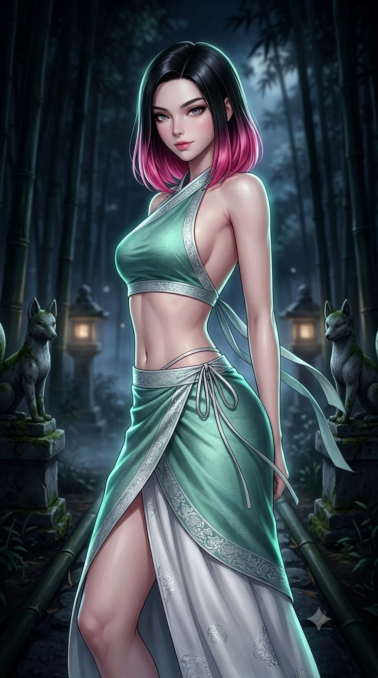 score_9, masterpiece, best quality, ultra-detailed, high-budget anime keyframe, semi-realistic 3D game render, editorial fashion photography, tasteful artistic composition, Korean woman. close-up cowboy shot from the waist and thighs up, the character dominates the composition, filling the frame with her large presence. leaning forward while arching her lower back to accentuate her curvy hips, looking into the camera with an intoxicating smoldering gaze and bedroom-eyes while standing poised between weathered stone kitsune statues along the dark bamboo path, arching her back with breathless siren allure. The background shows a soft-focus mystical bamboo forest shrine softened in atmospheric nocturnal shallow focus. She has an exceptionally elegant, slender, and willowy female figure with an ultra-slim waist, flat toned midriff, narrow ribcage, and sculpted feminine hips creating an alluring, slim hourglass silhouette without bulk. sharp v-shaped jawline, high-bridge nose, sparkling eyes with hypnotic seductive depth, thick curled eyelashes, glossy parted lips with a natural dewy peach sheen, alluring bedroom-eyes with an enchanting coquettish smile, exuding magnetic siren charisma and sophisticated glamour, flawlessly proportioned anatomical accuracy, strict slender model proportions, natural body alignment, perfectly sculpted long slender limbs, ultra-slim waistline, clean dynamic posture without body distortion. wearing an alluring low-slung modern hanbok wrap skirt with bare waist flanks and delicate silk cord ties in moonlit jade green and pure alabaster white with silver accents, woven from bespoke Korean ramie fabric with crisp tactile slub texture, finished with long silk ribbon ties fluttering down her bare spine from a backless halter, the form-contouring silhouette accentuating her sculpted flat midriff, narrow delicate ribcage, and gracefully curvy hips with intoxicating allure. illuminated by ground stone bounce and sharp silver-jade rim lights sculpting her razor-sharp jawline, narrow waist, and curvy hips. highly saturated vibrant anime colors, detailed shading with soft gradients, rich glossy textures, high-contrast stereoscopic depth, volumetric dynamic lighting, master piece, 9:16 ratio