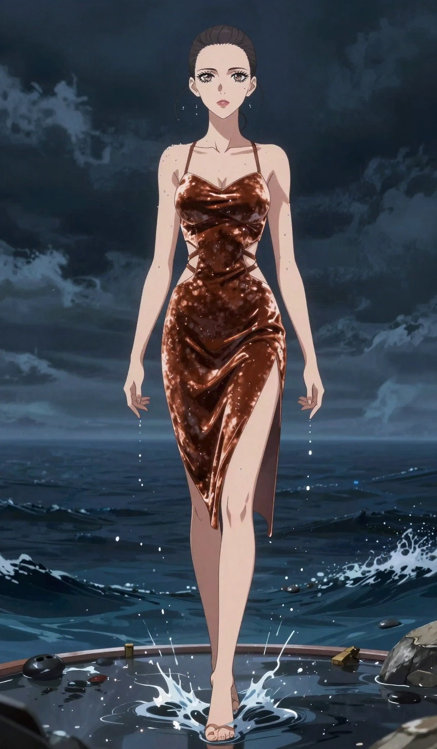 score_9, masterpiece, best quality, ultra-detailed, High-budget Anime Keyframe, Caucasian woman, strictly human ears. Dynamic full-body shot stretching the vertical silhouette to the limit. Scenario 481: rising from a pool of mercury-like liquid, droplets rolling off her skin, in a floating platform suspended over a stormy sea of dark blue water. Her presence is magnetic and overpowering in this high-budget anime scene. Outfit 481: a tailored metallic copper crushed velvet slip dress with strategic waist cut-outs and slender leg straps. The clothing is designed to emphasize her exceptionally tall and slender 8-heads proportion. 8-heads proportion, towering silhouette, ultra-slim waist. sharp v-shaped jawline, intricate jewel-like eyes with depth, thick eyelashes, glossy lips. 2k, ultra detail, master piece, 9:16 ratio