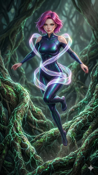 score_9, masterpiece, best quality, ultra-detailed, high-budget anime keyframe, Caucasian woman, strictly human ears. upper body close-up from the thighs up, character filling the screen for maximum presence. jumping amidst giant ancient tree roots w
