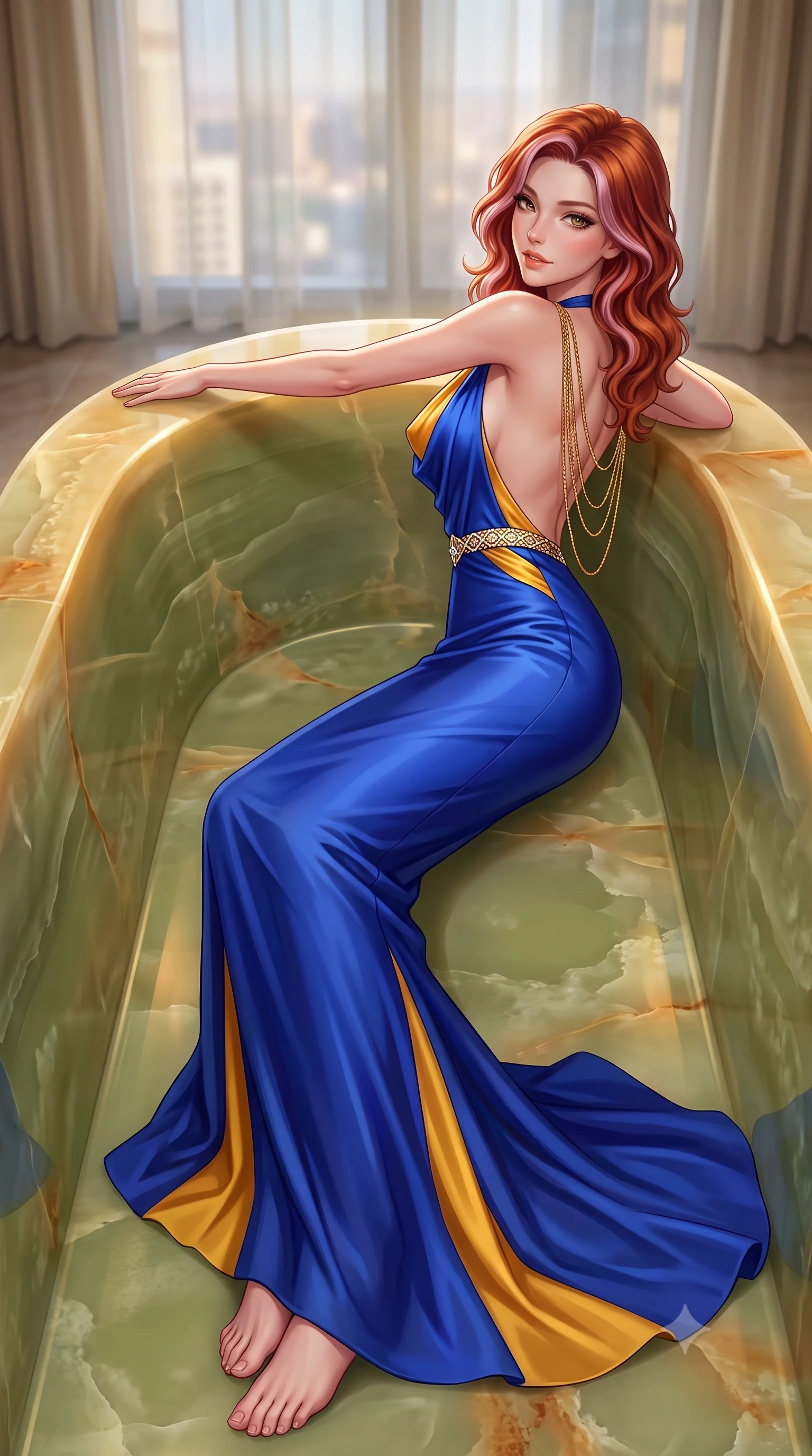 score_9, masterpiece, best quality, ultra-detailed, high-budget anime keyframe, semi-realistic 3D game render, editorial fashion photography, tasteful artistic composition, Caucasian woman. low angle full-body shot from head to toe showing her feet, filling the entire 9:16 vertical frame with her statuesque presence, stretching her vertical silhouette. walking along the terrace with poise, looking back over her bare shoulder with an irresistible smoldering bedroom-gaze while reclining inside the monumental sunken green onyx soaking tub, arching her spine with seductive indulgence against the warm polished stone rim. The background shows a soft-focus sheer silk window drapes softened in haute private master suite shallow focus. She has an absolutely perfect, statuesque 8.5-heads proportion, an exceptionally tall and slender model-like female figure with impossibly long slender legs, an ultra-slim waist, a flat toned midriff, narrow delicate ribcage, and beautifully sculpted feminine hips creating a graceful, slim hourglass silhouette without any bulky heaviness. sharp v-shaped jawline, high-bridge nose, sparkling eyes with hypnotic seductive depth, thick curled eyelashes, glossy parted lips with a natural dewy peach sheen, alluring bedroom-eyes with an enchanting coquettish smile, exuding magnetic siren charisma and sophisticated glamour, flawlessly proportioned anatomical accuracy, strict slender model proportions, natural body alignment, perfectly sculpted long slender limbs, ultra-slim waistline, clean dynamic posture without body distortion. wearing a plunging cowl-neck liquid silk evening gown with dramatic train and diamond-accented waist cinch in Marrakesh cobalt majorelle blue and saffron gold, tailored from fine structural neoprene with crisp architectural edges and smooth contouring, accented with an open-back drape framed by falling strands of delicate gold chains, the second-skin tailored fabric adhering flawlessly to her sculpted flat midriff and slender torso, emphasizing her long leg lines and perfectly proportioned willowy build. bathed in soft 2700K concealed warm LED cove lighting beneath the stepped onyx platform mixed with exterior city ambient fill. highly saturated vibrant anime colors, detailed shading with soft gradients, rich glossy textures, high-contrast stereoscopic depth, volumetric dynamic lighting, master piece, 9:16 ratio