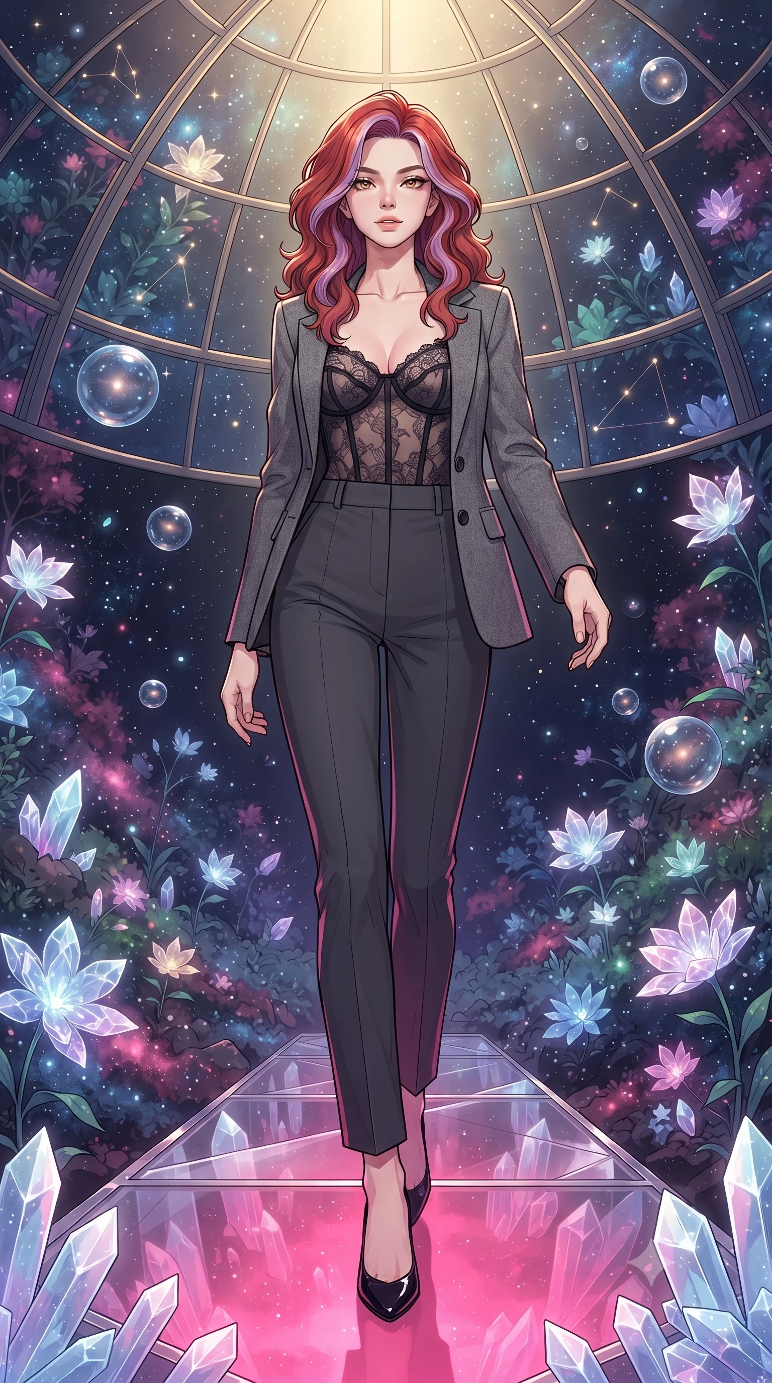 score_9, masterpiece, best quality, ultra-detailed, high-budget anime keyframe, gorgeous anime illustration, artistic 2d flat cel-shaded style, Caucasian woman, strictly human ears. low angle full-body shot from head to toe showing her feet, filling the entire 9:16 vertical frame with her statuesque presence, stretching her vertical silhouette. stepping elegantly through inside a botanical dome floating in deep space where constellations grow as luminescent crystal flowers, glowing nebula dust acting as soil, and floating water spheres reflecting distant supernovas. She has a statuesque 8.5-heads proportion, an exceptionally tall, slender and willowy model-like build with impossibly long legs and a highly sculpted ultra-slim waist. sharp v-shaped jawline, high-bridge nose, intricate jewel-like eyes with depth, thick eyelashes, glossy lips with a natural sheen. wearing a tailored grey wool blazer over a sheer black lace corset top, paired with charcoal tailored slacks. dramatic contrast of hot pink furnace glow from below and cool golden light from above. 2k, ultra detail, master piece, 9:16 ratio, vibrant anime color palette, flat color shading, 2d animation style