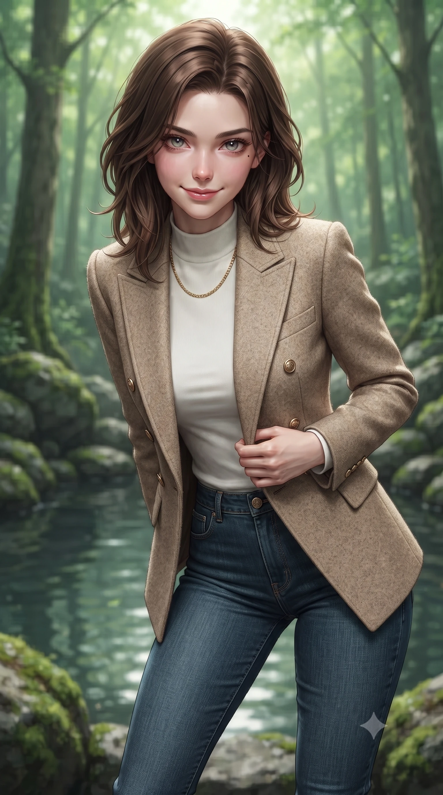 score_9, masterpiece, best quality, ultra-detailed, high-budget anime keyframe, editorial fashion photography, tasteful artistic composition, Korean woman woman. close-up cowboy shot from the waist and thighs up, the character dominates the composition, filling the frame with her large presence, background elements kept in soft focus. leaning slightly forward with a playful, teasing smile, her gaze locked onto the viewer the background shows a soft-focus a natural stone pool surrounded by mossy rocks and tall trees in a private estate. She has an exceptionally elegant, slender, and willowy female figure with an ultra-slim waist, a gracefully sculpted slender torso, and a refined silhouette. sharp v-shaped jawline, high-bridge nose, intricate jewel-like eyes with depth, thick eyelashes, glossy lips with a natural sheen. wearing a slim-fit tailored double-breasted blazer in sand wool, worn over a white mock-neck tee and denim jeans. soft diffused green light filtering through the dense forest canopy. ultra-reflective glossy finish, specular highlights, metallic sheen, high-contrast stereoscopic depth, volumetric dynamic lighting, 2k, ultra detail, master piece, 9:16 ratio