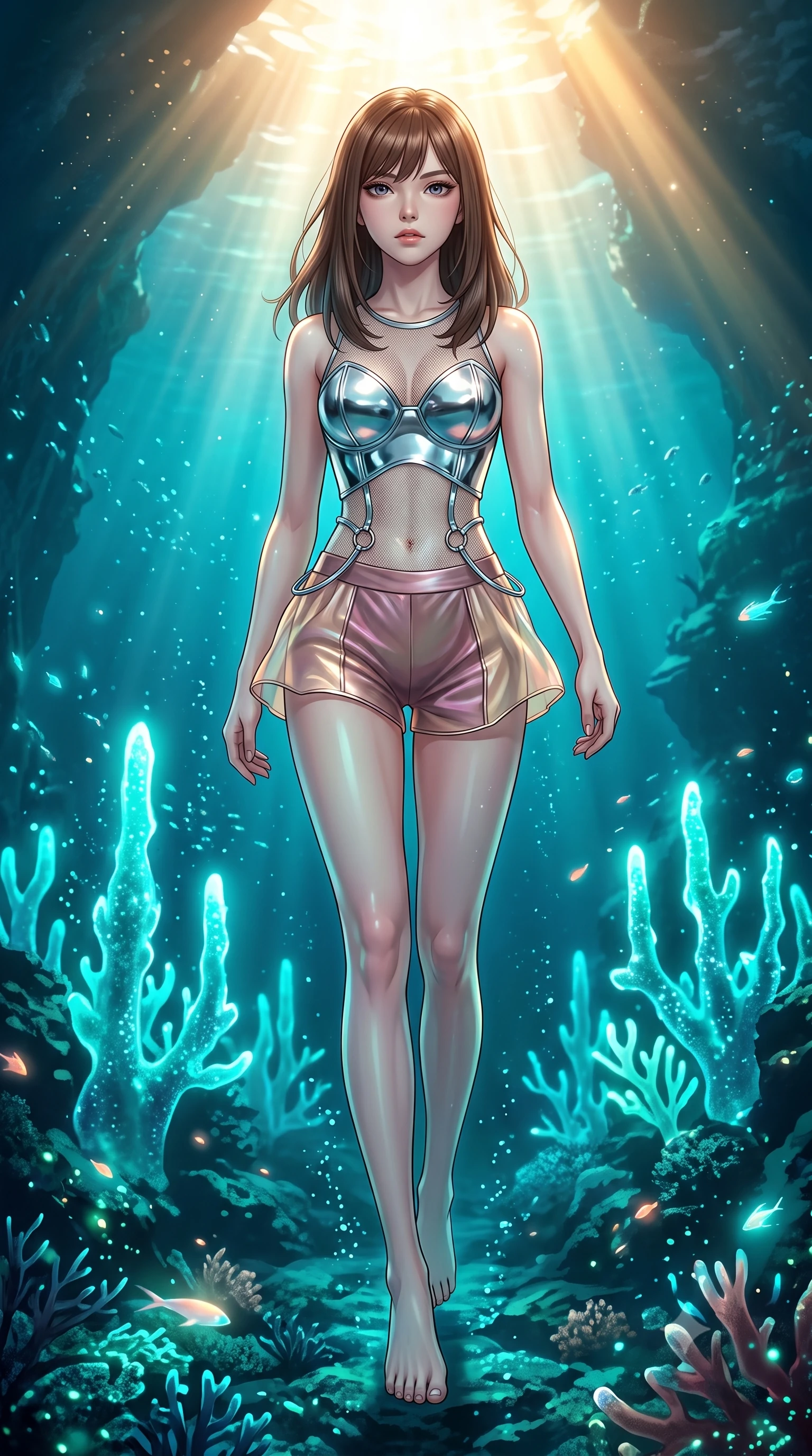 score_9, masterpiece, best quality, ultra-detailed, high-budget anime keyframe, editorial fashion photography, tasteful artistic composition, Korean woman. low angle full-body shot from head to toe showing her feet, filling the entire 9:16 vertical frame with her statuesque presence, stretching her vertical silhouette. stepping forward in a proud dynamic stride, her vertical silhouette filling the frame with statuesque presence while swimming gracefully upward toward sunbeams penetrating a deep turquoise ocean rift, glowing aqua coral spires emitting pulsing luminescence in the background. She has an absolutely perfect, statuesque 8.5-heads proportion, an exceptionally tall and slender model-like female figure with impossibly long slender legs and an ultra-slim waist. sharp v-shaped jawline, high-bridge nose, intricate jewel-like eyes with depth, thick eyelashes, glossy lips with a natural sheen, flawlessly proportioned anatomical accuracy, natural body alignment, perfectly sculpted elegant limbs, clean dynamic posture without body distortion. wearing a chrome-plated structured bodice worn over a sheer mesh top and micro-shorts in dusty rose and champagne gold, crafted from iridescent chiffon that shifts colors in the light, accented with delicate chrome ring hardware framing her waist, the sleek second-skin texture accentuating her magnetic presence. illuminated by deep sea bioluminescence and warm golden top lighting. highly saturated vibrant anime colors, detailed shading with soft gradients, rich glossy textures, high-contrast stereoscopic depth, volumetric dynamic lighting, master piece, 9:16 ratio