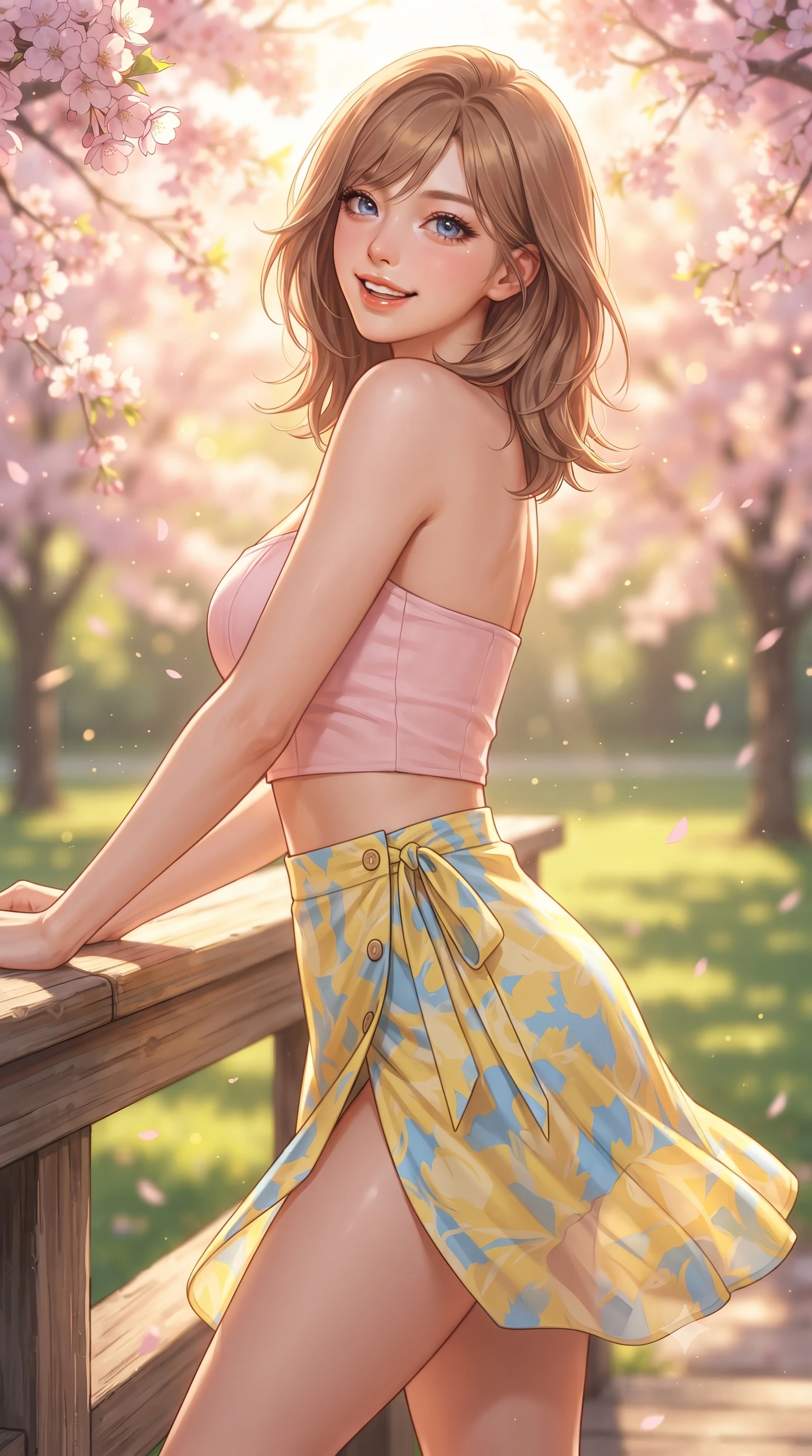 score_9, masterpiece, best quality, ultra-detailed, high-budget anime keyframe, editorial fashion photography, tasteful artistic composition, Korean woman. close-up cowboy shot from the waist and thighs up, the character dominates the composition, filling the frame with her large presence. leaning back against the sunlit railing with relaxed seductive grace, her flat midriff and narrow waist highlighted as she smiles brightly with bewitching eyes while leaning against a flowering cherry tree trunk with hips cocked back, looking over a bare shoulder with an enchanting, playful girlhood charm. The composition keeps background elements in soft focus with dreamy creamy bokeh. cascading pink cherry blossom canopies and sunlit green lawns blurred into soft sakura-pink, lime, and golden sunbeam bokeh. She has an exceptionally elegant, slender, and willowy female figure with an ultra-slim waist, flat toned midriff, narrow ribcage, and sculpted feminine hips creating an alluring, slim hourglass silhouette without bulk. sharp v-shaped jawline, high-bridge nose, intricate jewel-like sparkling eyes with depth, thick eyelashes, glossy parted lips with a natural peach sheen, bright cheerful beaming smile with an enchanting and coquettish sensual glint, exuding both youthful cute charm and seductive allure, flawlessly proportioned anatomical accuracy, strict slender model proportions, natural body alignment, perfectly sculpted long slender limbs, ultra-slim waistline, clean dynamic posture without body distortion. wearing a sweetheart-neckline baby-pink crop top with a high-slit wrap mini skirt accentuating her waist-to-hip curve in sunny daffodil yellow and clear sky blue, tailored from fine lightweight chiffon that flutters gently in the breeze, finished with neat front wooden buttons and delicate pocket details, the liquid-tight tailored fabric clinging flawlessly to her narrow waist and rounded feminine hips, emphasizing every millimeter of her sculpted slim hourglass curves without any bulky heaviness. bathed in warm, golden spring morning sunlight streaming through flowering tree canopies. ultra-reflective glossy finish, specular highlights, rich textural contrasts, high-contrast stereoscopic depth, volumetric dynamic lighting, 2k, ultra detail, master piece, 9:16 ratio