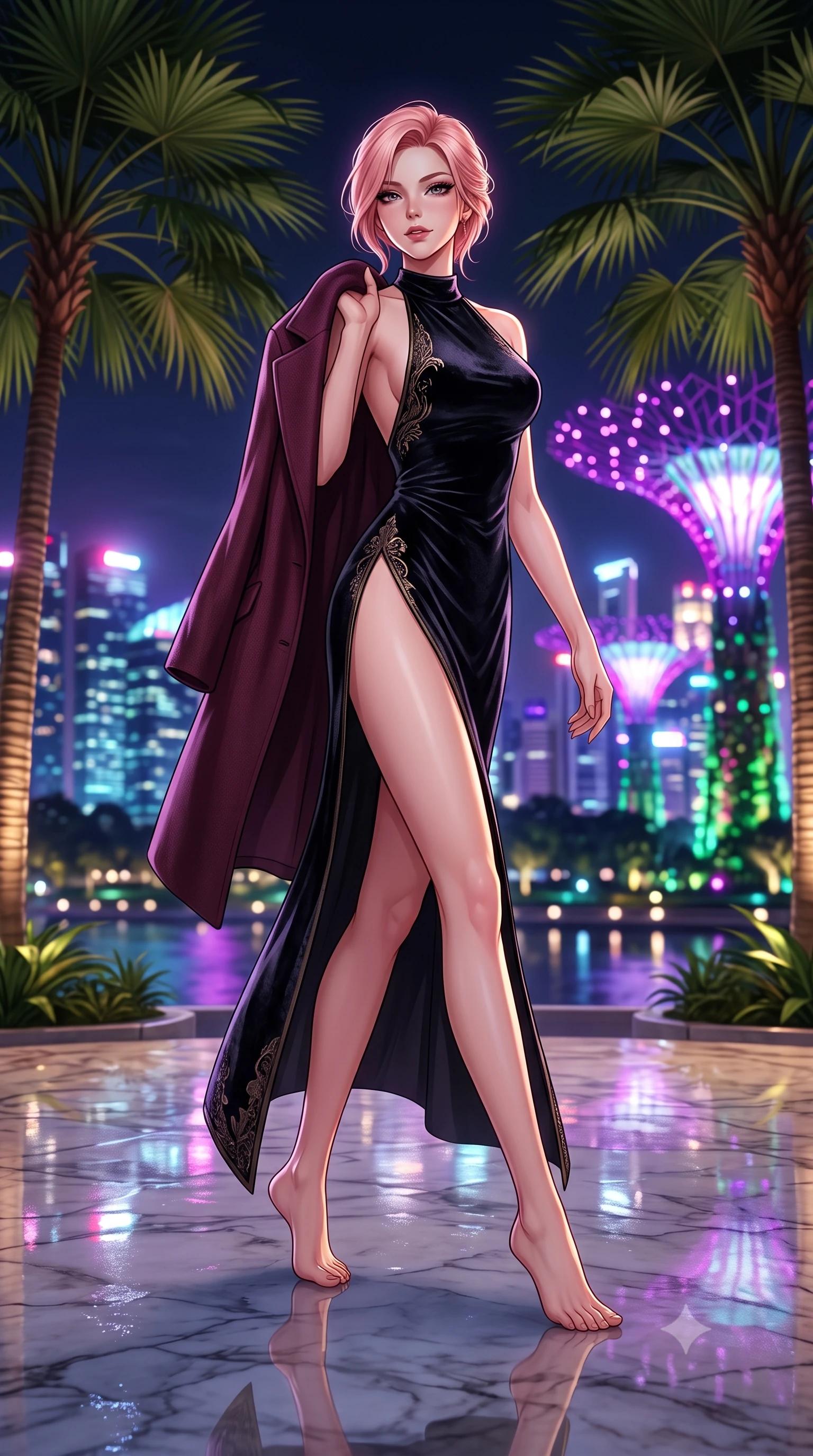 score_9, masterpiece, best quality, ultra-detailed, high-budget anime keyframe, semi-realistic 3D game render, editorial fashion photography, tasteful artistic composition, Japanese woman. low angle full-body shot from head to toe showing her feet, filling the entire 9:16 vertical frame with her statuesque presence, stretching her vertical silhouette. striding forward gracefully across the reflective floor with sovereign supermodel poise, hips swaying in an alluring kinetic rhythm that accentuates her curvy hourglass silhouette and long slender legs while standing poised between towering tropical fan palms with hips cocked back, casting an enchanting bedroom-gaze over the midnight bay vista. The composition keeps background elements in soft focus with dreamy creamy bokeh. the futuristic Singapore skyline and Supertree Grove light sculptures blurred into dazzling electric violet, magenta, and emerald bokeh. She has an exceptionally tall and slender model-like 8.5-heads proportion, an ultra-slim waist, a flat toned midriff, narrow delicate ribcage, and beautifully sculpted feminine hips creating a graceful, slim hourglass silhouette without any bulky heaviness, with impossibly long slender legs. sharp v-shaped jawline, high-bridge nose, intricate jewel-like dark sparkling eyes with dangerous depth, thick curled eyelashes, glossy parted lips with a rich wine sheen, smoldering seductive half-smile with bedroom-eyes, exuding effortless superiority and intoxicating dark allure, flawlessly proportioned anatomical accuracy, strict slender model proportions, natural body alignment, perfectly sculpted long slender limbs, ultra-slim waistline, clean dynamic posture without body distortion. wearing a backless liquid jet-black halter slip dress with a thigh-high side slit ascending to the high hip in dark mulberry wine and antique champagne, tailored from crushed dark velvet with deep light-absorbing plush texture, complemented by an oversized dark cashmere coat draped casually over one shoulder, the form-contouring cut accentuating her sculpted flat midriff, narrow delicate ribcage, and gracefully curvy hips with sovereign high-fashion precision. bathed in vibrant metropolitan skyline neon reflections and soft warm deck ambient wash. highly saturated vibrant anime colors, detailed shading with soft gradients, rich glossy textures, high-contrast stereoscopic depth, volumetric dynamic lighting, master piece, 9:16 ratio
