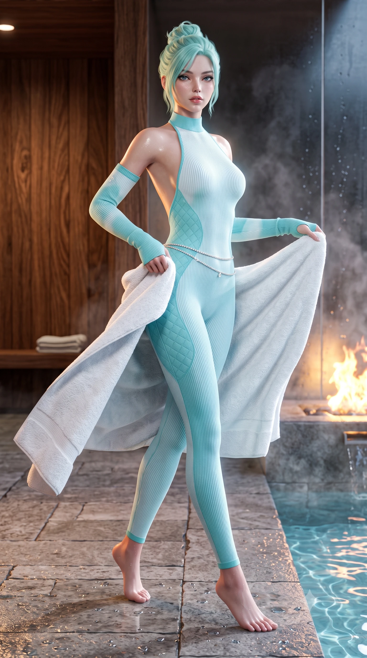 score_9, masterpiece, best quality, ultra-detailed, high-budget anime keyframe, semi-realistic 3D game render, editorial fashion photography, tasteful artistic composition, Japanese woman. low angle full-body shot from head to toe showing her feet, filling the entire 9:16 vertical frame with her statuesque presence, stretching her vertical silhouette. pivoting dynamically with supreme athletic balance, her impossibly long slender legs and ultra-slim waist creating a mesmerizing vertical line while stepping out onto the heated stone pool deck, wrapping a plush towel around her waist with effortless supermodel poise. The surrounding environment is rendered in vivid detail and crisp panoramic clarity. crisp cedar wood grain, steam droplet beads on stone, and mineral water ripple caustics in deep focus. She has an absolutely perfect, statuesque 8.5-heads proportion, an exceptionally tall and slender model-like female figure with impossibly long slender legs, a toned flat midriff, and an ultra-slim waist. sharp v-shaped jawline, high-bridge nose, intricate jewel-like eyes with depth, thick eyelashes, glossy parted lips with a natural sheen, intensely captivating and seductive expression, flawlessly proportioned anatomical accuracy, strict slender model proportions, natural body alignment, perfectly sculpted long slender limbs, ultra-slim waistline, clean dynamic posture without body distortion. wearing a snug ribbed knit halter-neck catsuit with an open back and matching detachable arm warmers in icy aqua turquoise and snowy white, made of seamless compression knit with anatomical curves sculpting, accented with a dainty diamond waist chain catching the firelight glow, the sweeping couture drape swaying majestically with her steps, accentuating her tall statuesque limbs and slender waistline. illuminated by wet specular highlights accentuating her slender neckline, sculpted waist, and curves. highly saturated vibrant anime colors, detailed shading with soft gradients, rich glossy textures, high-contrast stereoscopic depth, volumetric dynamic lighting, master piece, 9:16 ratio