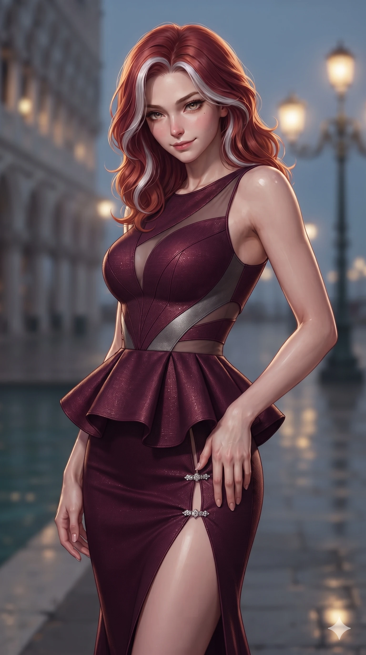 score_9, masterpiece, best quality, ultra-detailed, high-budget anime keyframe, editorial fashion photography, tasteful artistic composition, Caucasian woman. close-up cowboy shot from the waist and thighs up, the character dominates the composition, filling the frame with her large presence. tilting her head with a teasing half-smile, running one hand slowly down the side of her hip in a flirtatious S-curve as ambient light caresses her silhouette while twisting her slender torso in an alluring S-curve, glowing lantern light and cool lagoon reflections painting sharp highlights along her flat midriff and hourglass curves. The background shows a soft-focus Venetian evening sea-mist softened in grand piazza colonnade shallow focus. She has an exceptionally elegant, slender, and willowy female figure with an ultra-slim waist, flat toned midriff, narrow ribcage, and sculpted feminine hips creating an alluring, slim hourglass silhouette without bulk. sharp v-shaped jawline, high-bridge nose, intricate jewel-like sparkling eyes with depth, thick eyelashes, glossy parted lips with a natural sheen, intensely captivating and seductive bedroom-eyes expression, exuding both youthful cute charm and sovereign luxury allure, flawlessly proportioned anatomical accuracy, strict slender model proportions, natural body alignment, perfectly sculpted long slender limbs, ultra-slim waistline, clean dynamic posture without body distortion. wearing a structural geometric peplum gown with sheer side-ribbon cutouts and form-fitting skirt in deep wine burgundy and brushed dark platinum, woven from high-density tech-wool with subtle metallic thread weave, finished with an ultra-high side slit secured by miniature jeweled clasps, the high-slit wrap tailoring accentuating her ultra-slim waistline and the enchanting curve of her feminine hips with alluring seductive charm. illuminated by pavement reflection bounce and sharp gold-sapphire rim lights defining her razor-sharp jawline, narrow waist, and curvy hips. ultra-reflective glossy finish, specular highlights, rich textural contrasts, high-contrast stereoscopic depth, volumetric dynamic lighting, 2k, ultra detail, master piece, 9:16 ratio