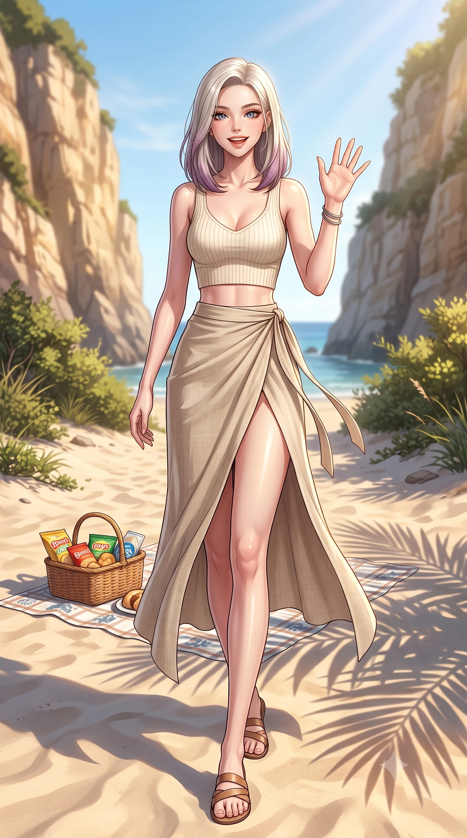 score_9, masterpiece, best quality, ultra-detailed, high-budget anime keyframe, editorial fashion photography, tasteful artistic composition, Caucasian woman. low angle full-body shot from head to toe showing her feet, filling the entire 9:16 vertical frame with her statuesque presence, stretching her vertical silhouette. stepping forward with a bright, cheerful smile, waving happily at the viewer set against a soft-focus background of in a quiet sandy beach cove surrounded by tall cliffs and green shrubs with a basket of beach snacks and a picnic blanket on the sand. She has an absolutely perfect, statuesque 8.5-heads proportion, an exceptionally tall and slender model-like female figure with impossibly long slender legs and an ultra-slim waist. sharp v-shaped jawline, high-bridge nose, intricate jewel-like eyes with depth, thick eyelashes, glossy lips with a natural sheen. wearing body-hugging stylish crop top paired with a high-slit linen wrap skirt. soft late afternoon sunbeams casting long shadows of palm leaves on the sand. ultra-reflective glossy finish, specular highlights, metallic sheen, high-contrast stereoscopic depth, volumetric dynamic lighting, 2k, ultra detail, master piece, 9:16 ratio