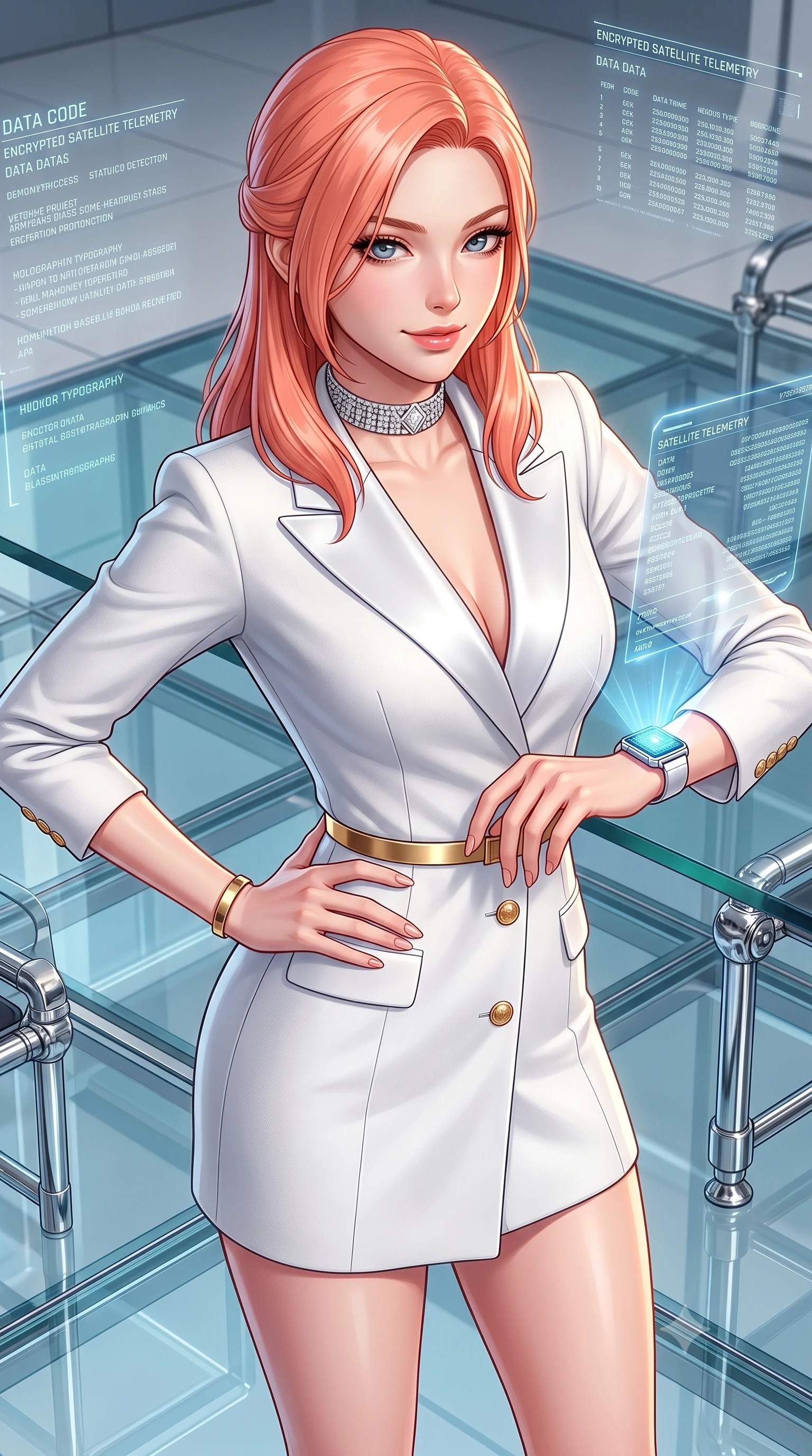 score_9, masterpiece, best quality, ultra-detailed, high-budget anime keyframe, semi-realistic 3D game render, editorial fashion photography, tasteful artistic composition, Japanese woman. close-up cowboy shot from the waist and thighs up, the character dominates the composition, filling the frame with her large presence. smiling with subtle, enchanting allure and glossy parted lips, one hand resting on her waist with effortless supermodel poise while arching her spine in a fluid stretch while reviewing encrypted satellite telemetry data with a calm, intellectual expression. The surrounding environment is rendered in vivid detail and crisp panoramic clarity. crystal-clear transparent glass floor panels, glowing holographic typography, and chrome furniture joints in deep focus. She has an exceptionally elegant, slender, and willowy female figure with an ultra-slim waist, a gracefully sculpted slender torso, toned flat midriff, and a refined slim silhouette. sharp v-shaped jawline, high-bridge nose, intricate jewel-like eyes with depth, thick eyelashes, glossy lips with a natural sheen, captivating and magnetic expression, flawlessly proportioned anatomical accuracy, strict slender model proportions, natural body alignment, perfectly sculpted long slender limbs, ultra-slim waistline, clean dynamic posture without body distortion. wearing a chic tailored white tuxedo jacket dress with satin lapels and an ultra-slim waist-cinching gold belt in pristine royal white and brushed gold, made of structured fine wool crepe and liquid silk satin, accessorized with a bold diamond choker and minimalist gold cuffs edition #32, the sleek tailored cut tightly hugging her graceful clavicle, narrow waist, and feminine curves with statuesque precision. illuminated by crisp directional key light defining her razor-sharp jawline, eyes, and slender curves. highly saturated vibrant anime colors, detailed shading with soft gradients, rich glossy textures, high-contrast stereoscopic depth, volumetric dynamic lighting, master piece, 9:16 ratio