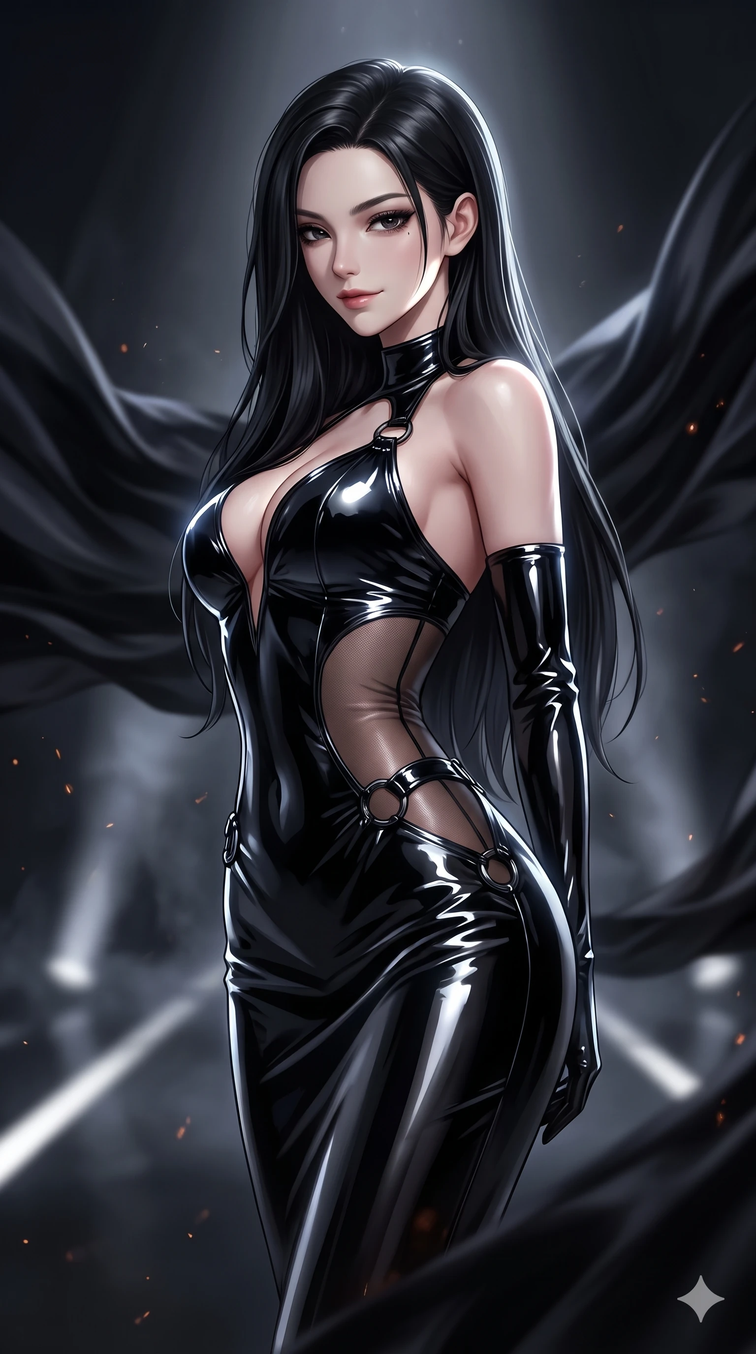 score_9, masterpiece, best quality, ultra-detailed, high-budget anime keyframe, semi-realistic 3D game render, editorial fashion photography, tasteful artistic composition, Korean woman. close-up cowboy shot from the waist and thighs up, the character dominates the composition, filling the frame with her large presence. glancing sidelong over her shoulder with a smoldering, enigmatic half-smile that commands the frame while twisting her slender torso in an alluring S-curve between billowing midnight fabric waves, directional razor lights tracing her flat midriff and hips. The background shows a soft-focus undulating black silk fabric waves suspended in mid-air, distant architectural spotlight cones, and white floor lines blurred into smoky charcoal and obsidian bokeh. She has an exceptionally elegant, slender, and willowy female figure with an ultra-slim waist, flat toned midriff, narrow ribcage, and sculpted feminine hips creating an alluring, slim hourglass silhouette without bulk. sharp v-shaped jawline, high-bridge nose, intricate jewel-like dark sparkling eyes with hypnotic seductive depth, thick curled eyelashes, glossy parted lips with a natural wine sheen, alluring bedroom-eyes with an enigmatic smoldering smile, exuding magnetic sovereign charisma and dark avant-garde glamour, flawlessly proportioned anatomical accuracy, strict slender model proportions, natural body alignment, perfectly sculpted long slender limbs, ultra-slim waistline, clean dynamic posture without body distortion. wearing an alluring plunging sweetheart bodice dress with sheer mesh side-waist cutouts contouring her ribs in pure obsidian monochrome with subtle metallic sheen, crafted from wet-look high-gloss vinyl fabric with dazzling specular surface reflections, trimmed with dark chrome ring hardware along the waist contours, the glove-like silhouette tightly following the natural contour of her hips and long slender legs with youthful 8.5-heads elegance. illuminated by polished gallery floor bounce and sharp diamond-platinum rim lights sculpting her razor-sharp jawline, narrow waist, and curvy hips. highly saturated vibrant anime colors, detailed shading with soft gradients, rich glossy textures, high-contrast stereoscopic depth, volumetric dynamic lighting, master piece, 9:16 ratio