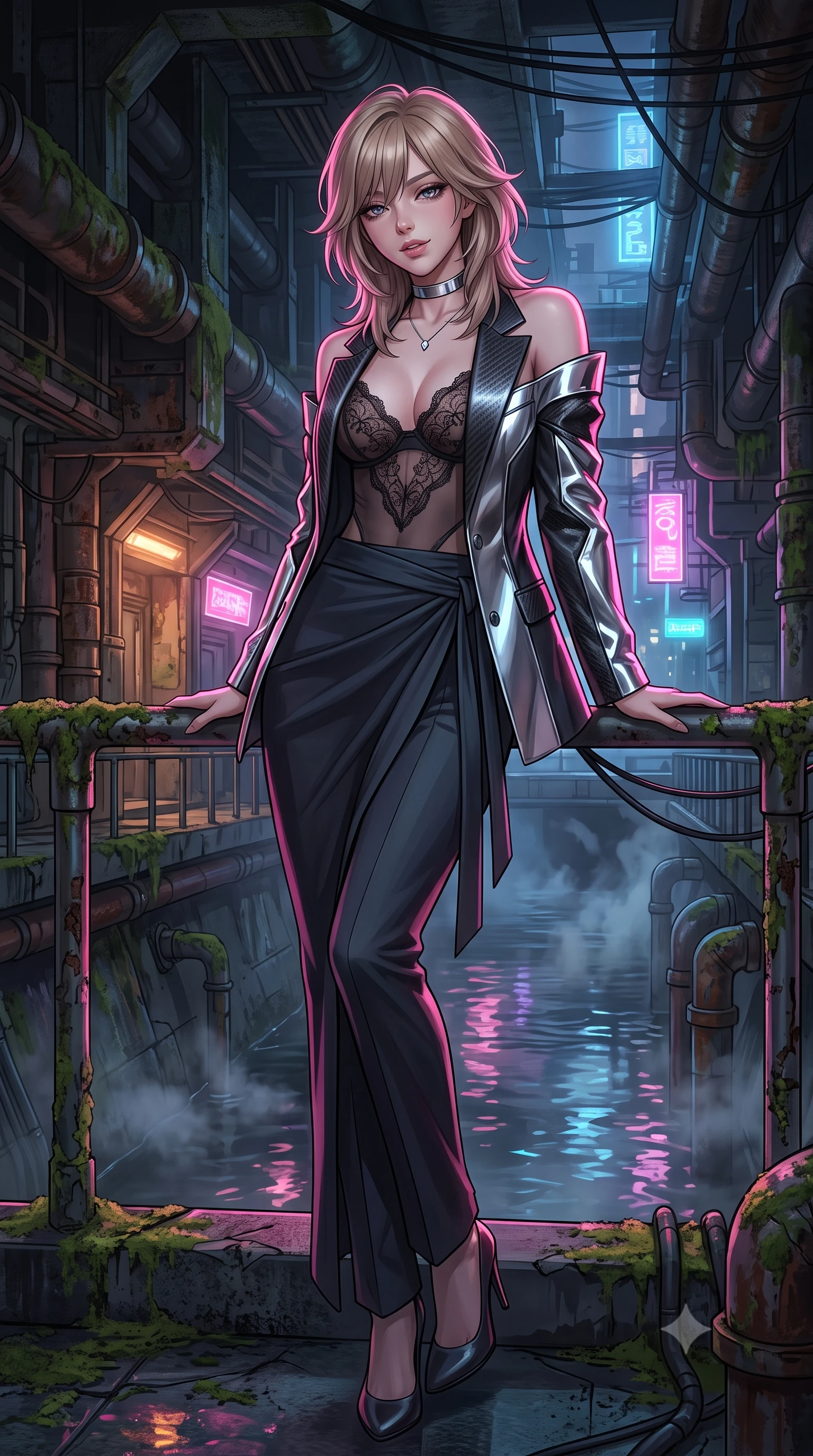 score_9, masterpiece, best quality, ultra-detailed, high-budget anime keyframe, semi-realistic 3D game render, editorial fashion photography, tasteful artistic composition, Japanese woman. low angle full-body shot from head to toe showing her feet, filling the entire 9:16 vertical frame with her statuesque presence, stretching her vertical silhouette. leaning deep against the balcony balustrade with hips cocked back in an unapologetically alluring high-fashion stance, casting an intoxicating glance while leaning against the moss-covered cybernetic embankment with hips cocked back, looking upstream through rising steam plumes with heavy-lidded bedroom-eyes. The surrounding environment is rendered in vivid detail and crisp panoramic clarity: detailed outfit texture, dynamic anime shading, and atmospheric subterranean canal engineering in razor-sharp precision. She has an exceptionally tall and slender model-like 8.5-heads proportion, an ultra-slim waist, a flat toned midriff, narrow delicate ribcage, and beautifully sculpted feminine hips creating a graceful, slim hourglass silhouette without any bulky heaviness, with impossibly long slender legs. sharp v-shaped jawline, high-bridge nose, intricate jewel-like sparkling eyes with depth, thick eyelashes, glossy parted lips with a natural peach sheen, bright cheerful beaming smile with an enchanting and coquettish sensual glint, exuding both youthful cute charm and seductive allure, flawlessly proportioned anatomical accuracy, strict slender model proportions, natural body alignment, perfectly sculpted long slender limbs, ultra-slim waistline, clean dynamic posture without body distortion. wearing a delicate sheer French Chantilly lace teddy layered under an open tailored metallic blazer draped over bare shoulders in matte carbon fiber black and polished chrome, woven from structured carbon-fiber jacquard with rich textural depth, finished with a minimalist chrome choker and a single teardrop diamond pendant, the high-slit wrap tailoring accentuating her ultra-slim waistline and the enchanting curve of her feminine hips with alluring seductive charm. illuminated by canal water reflection bounce and sharp neon-pink rim lights sculpting her jawline, narrow waist, and curvy hips. highly saturated vibrant anime colors, detailed shading with soft gradients, rich glossy textures, high-contrast stereoscopic depth, volumetric dynamic lighting, master piece, 9:16 ratio