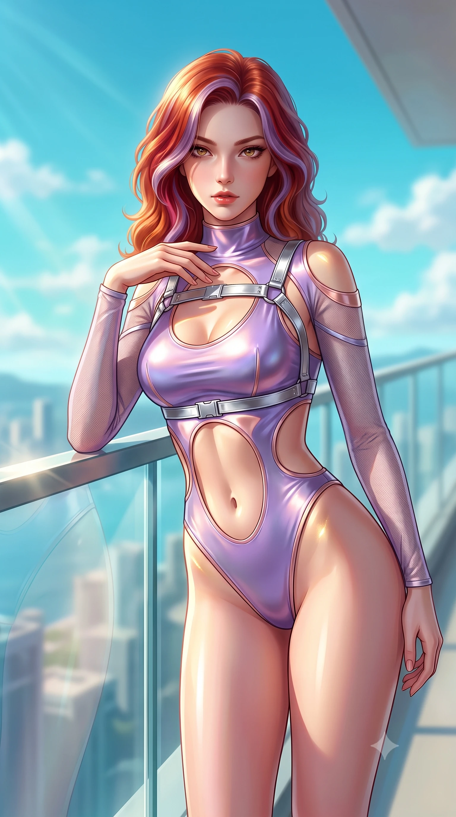 score_9, masterpiece, best quality, ultra-detailed, high-budget anime keyframe, semi-realistic 3D game render, editorial fashion photography, tasteful artistic composition, Caucasian woman. close-up cowboy shot from the waist and thighs up, the character dominates the composition, filling the frame with her large presence. leaning forward with a dangerous, enticing smolder, resting one hand near her collarbone while casting a fiery, magnetic direct gaze while stretching her slender torso along a sunlit glass balustrade with endless turquoise sky stretching in all directions. The composition keeps background elements in soft focus with creamy bokeh. bright high-altitude sunrays scattering radiant light curtains across a breathtaking sky backdrop. She has an exceptionally elegant, slender, and willowy female figure with an ultra-slim waist, a gracefully sculpted slender torso, toned flat midriff, and a refined slim silhouette. sharp v-shaped jawline, high-bridge nose, intricate jewel-like eyes with depth, thick eyelashes, glossy lips with a natural sheen, flawlessly proportioned anatomical accuracy, strict slender model proportions, natural body alignment, perfectly sculpted long slender limbs, ultra-slim waistline, clean dynamic posture without body distortion. wearing an ultra-sleek high-cut tech-bodysuit featuring dangerous diagonal slitted cutouts on the midriff and shoulders, reinforced by a metallic silver harness and sheer mesh sleeves in luminous lavender violet and rose gold, made of liquid metal jersey that clings flawlessly to every contour of her build, complemented by criss-cross back straps highlighting her completely bare spine, the sleek second-skin cut tightly hugging her graceful clavicle, narrow waist, and feminine curves with athletic precision. illuminated by crisp gold specular highlights tracing her sculpted collarbones and waistline. highly saturated vibrant anime colors, detailed shading with soft gradients, rich glossy textures, high-contrast stereoscopic depth, volumetric dynamic lighting, master piece, 9:16 ratio