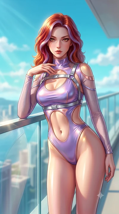 score_9, masterpiece, best quality, ultra-detailed, high-budget anime keyframe, semi-realistic 3D game render, editorial fashion photography, tasteful artistic composition, Caucasian woman. close-up cowboy shot from the waist and thighs up, the chara
