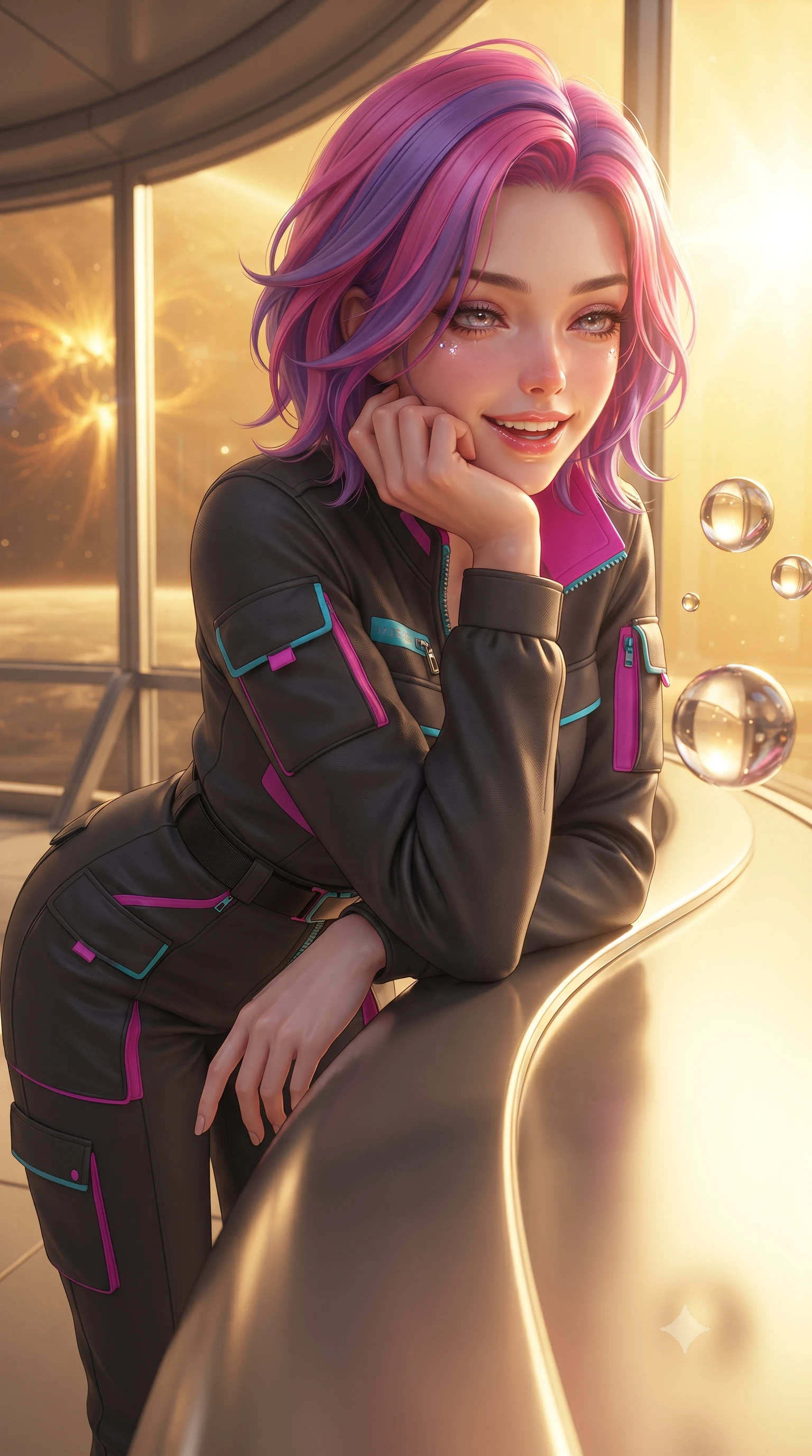 score_9, masterpiece, best quality, ultra-detailed, high-budget anime keyframe, editorial fashion photography, tasteful artistic composition, Caucasian woman. close-up cowboy shot from the waist and thighs up, the character dominates the composition, filling the frame with her large presence. resting one elbow on the table and supporting her chin, leaning close to the camera with heavy-lidded sparkling eyes and parted lips while leaning against the curved titanium observation sill with hips cocked back, watching floating zero-gravity liquid mercury spheres with smoldering bedroom-eyes. The surrounding environment is rendered in vivid detail and crisp panoramic clarity: sharp seamless titanium frame seams, perfect liquid mercury surface reflections, and solar flare magnetic arc filaments in deep focus. She has an exceptionally elegant, slender, and willowy female figure with an ultra-slim waist, flat toned midriff, narrow ribcage, and sculpted feminine hips creating an alluring, slim hourglass silhouette without bulk. sharp v-shaped jawline, high-bridge nose, intricate jewel-like sparkling eyes with depth, thick eyelashes, glossy parted lips with a natural peach sheen, bright cheerful beaming smile with an enchanting and coquettish sensual glint, exuding both youthful cute charm and seductive allure, flawlessly proportioned anatomical accuracy, strict slender model proportions, natural body alignment, perfectly sculpted long slender limbs, ultra-slim waistline, clean dynamic posture without body distortion. wearing a tailored high-tech safari suit with storm flaps and streamlined utility pockets in matte carbon finish in Neo-Tokyo neon magenta and electric cyan, crafted from bespoke double-faced cashmere with an exceptionally soft tactile finish, finished with sleek magnetic buckle closures fluttering in the breeze, the impeccably tailored cut draping gracefully along her slender figure with aristocratic poise. bathed in the blinding warm golden 4000K solar radiance filtered through polarizing quantum smart-glass. ultra-reflective glossy finish, specular highlights, rich textural contrasts, high-contrast stereoscopic depth, volumetric dynamic lighting, 2k, ultra detail, master piece, 9:16 ratio