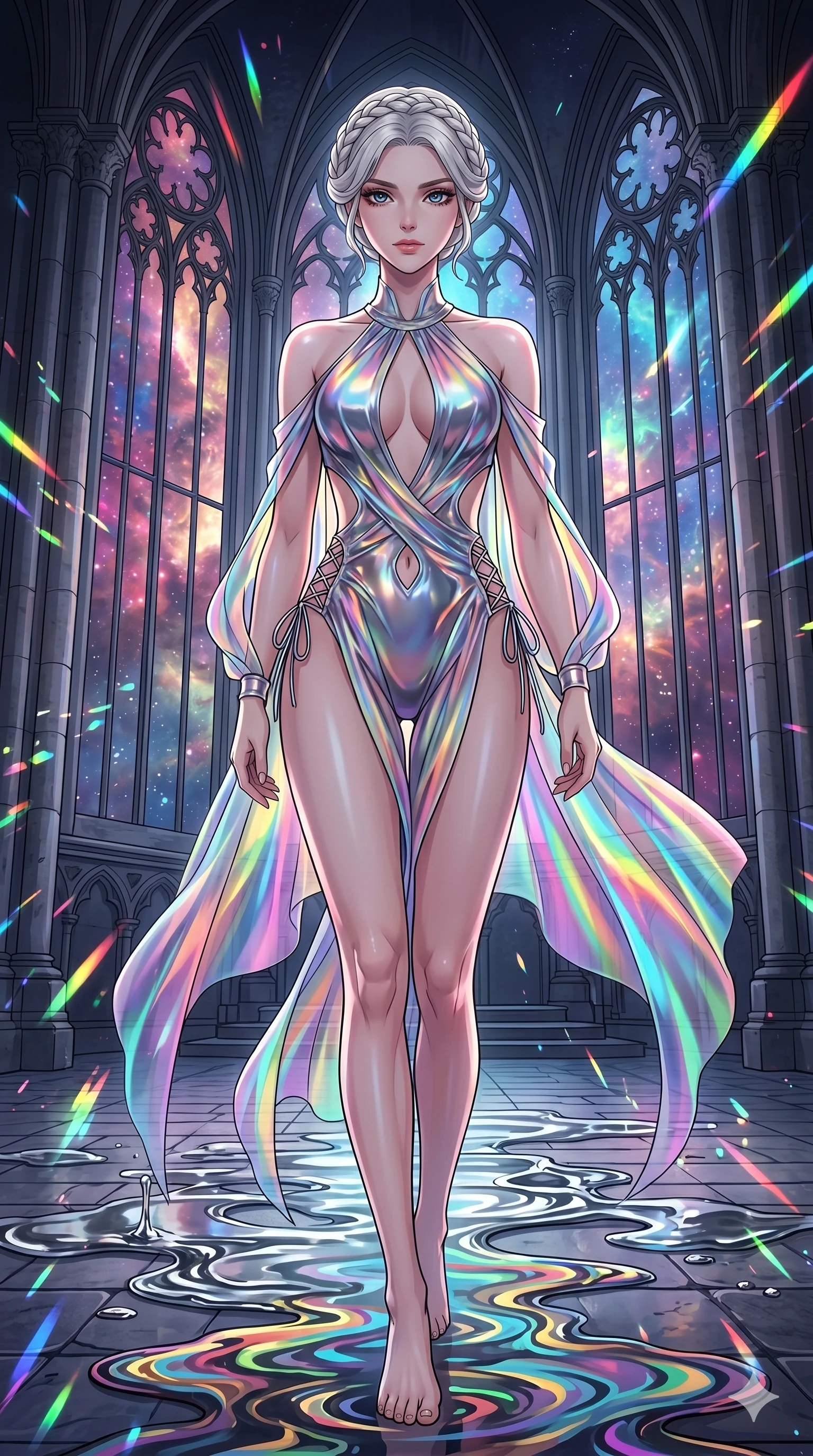 score_9, masterpiece, best quality, ultra-detailed, High-budget Anime Keyframe, vibrant colors, fluid line-art, expressive lighting, cinematic composition, Ufotable-style visual effects, top-tier animation quality, Korean woman with idol-like refined features. Dramatic low angle looking up at her majestic stature, dominating the vertical space of the composition. Warping the very fabric of reality around her as she walks, the ground turning into liquid and the sky changing colors. She has an absolutely perfect 8-heads proportion, an exceptionally tall and slender female figure with impossibly long slender legs and an ultra-slim waist, her statuesque height and towering silhouette dominating the vertical 9:16 frame. Her face is a masterpiece featuring a sharp v-shaped jawline, high-bridge nose, intricate jewel-like eyes with depth, thick eyelashes, and glossy lips with a natural sheen. She is wearing a Molten metal-look bodysuit with daring cut-outs and a high-cut silhouette crafted from Holographic chiffon that changes color with every movement, creating a rainbow effect, featuring a elegant neckline and delicate lace-up side details. The scene is set in a majestic gothic cathedral in deep space with massive windows overlooking a swirling nebula, illuminated by dynamic strobe effects that capture her movement in a series of sharp fragments. 2k, ultra detail, master piece, 9:16 ratio