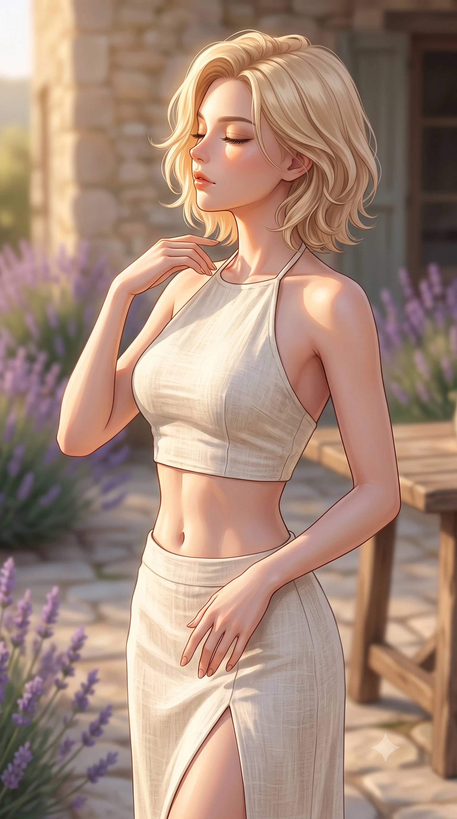 score_9, masterpiece, best quality, ultra-detailed, high-budget anime keyframe, editorial fashion photography, tasteful artistic composition, Caucasian woman woman. close-up cowboy shot from the waist and thighs up, the character dominates the composition, filling the frame with her large presence, background elements kept in soft focus. turning her face in profile to catch the warm sunlight on her cheek, eyes softly closed the background shows a soft-focus a lavender-lined stone patio of a country house in Provence, with a rustic wooden table. She has an exceptionally elegant, slender, and willowy female figure with an ultra-slim waist, a gracefully sculpted slender torso, and a refined silhouette. sharp v-shaped jawline, high-bridge nose, intricate jewel-like eyes with depth, thick eyelashes, glossy lips with a natural sheen. wearing a tailored linen halter-neck crop top paired with a matching high-slit midi skirt, revealing a sculpted midriff. soft golden afternoon sunbeams, casting a peaceful country glow. 2k, ultra detail, master piece, 9:16 ratio