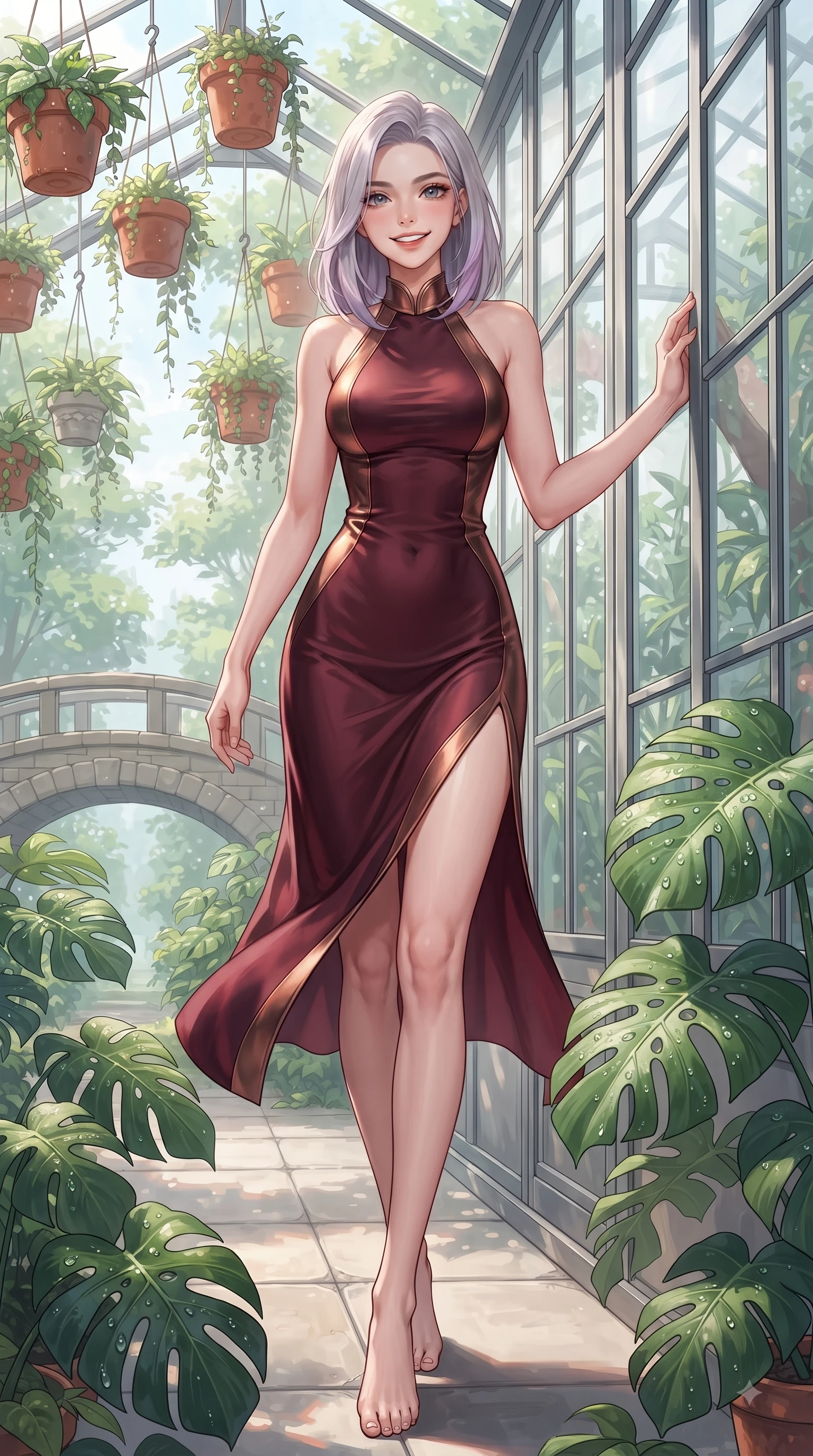 score_9, masterpiece, best quality, ultra-detailed, high-budget anime keyframe, editorial fashion photography, tasteful artistic composition, Caucasian woman. low angle full-body shot from head to toe showing her feet, filling the entire 9:16 vertical frame with her statuesque presence, stretching her vertical silhouette. walking forward in a proud dynamic stride with a cheerful beaming smile, her vertical silhouette filling the frame while leaning against a glass greenhouse wall surrounded by hanging terracotta flower pots. The surrounding environment is rendered in vivid detail and crisp panoramic clarity. dewdrops on Monstera leaves, stone bridge details, and clear glass geometric panels in crisp resolution. She has an absolutely perfect, statuesque 8.5-heads proportion, an exceptionally tall and slender model-like female figure with impossibly long slender legs and an ultra-slim waist. sharp v-shaped jawline, high-bridge nose, intricate jewel-like eyes with depth, thick eyelashes, glossy lips with a natural sheen, flawlessly proportioned anatomical accuracy, natural body alignment, perfectly sculpted elegant limbs, clean dynamic posture without body distortion. wearing a delicate silk halter-neck dress following her curves gracefully in deep burgundy red and bronze accent, crafted from lightweight fluid chiffon, featuring a sleek side leg slit ascending to mid-thigh, the form-contouring material highlighting her ultra-slim waist and long lines. illuminated by fresh botanical sunbeams casting delicate leaf patterns. ultra-reflective glossy finish, specular highlights, metallic sheen, high-contrast stereoscopic depth, volumetric dynamic lighting, 2k, ultra detail, master piece, 9:16 ratio