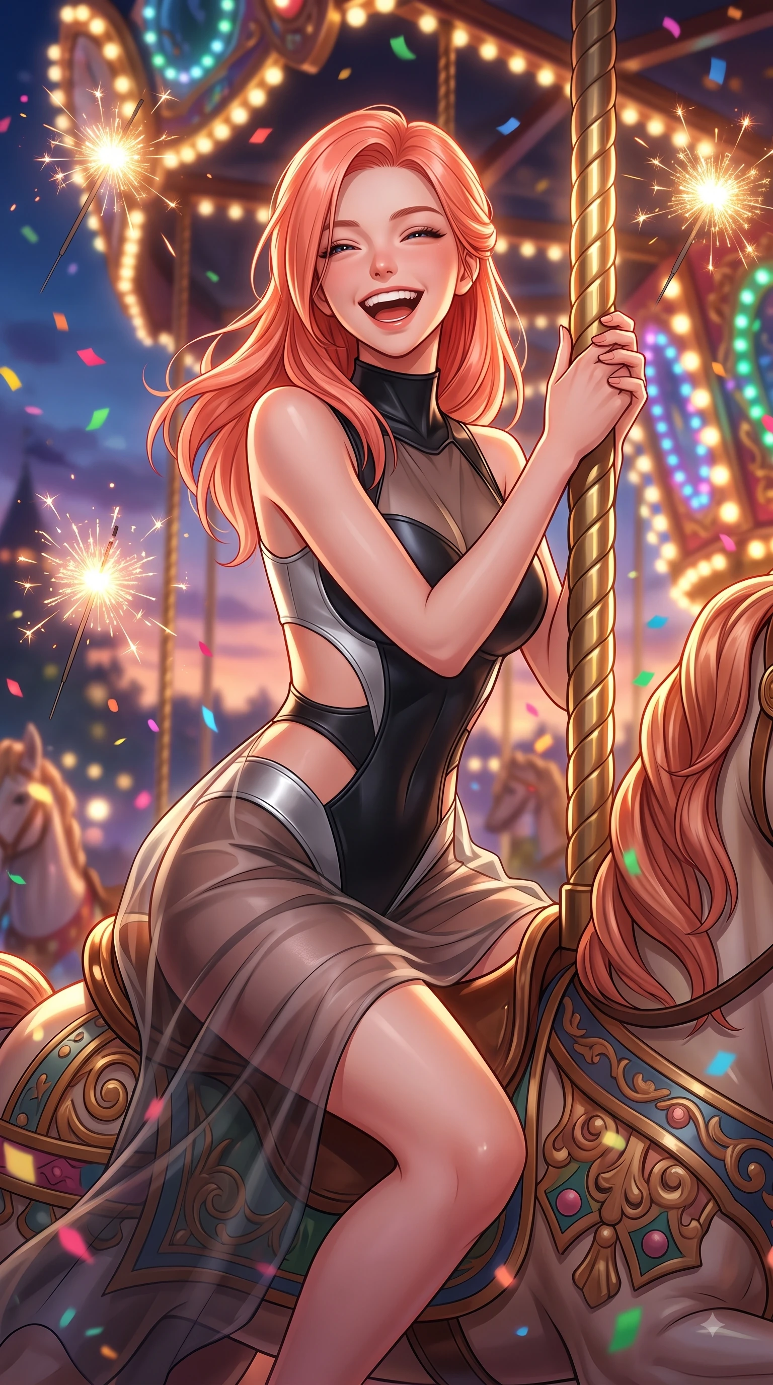 score_9, masterpiece, best quality, ultra-detailed, high-budget anime keyframe, editorial fashion photography, tasteful artistic composition, Japanese woman. close-up cowboy shot from the waist and thighs up, the character dominates the composition, filling the frame with her large presence, background elements kept in soft focus. Joyful laughing expression filled with genuine happiness and warmth, leaning forward with cheerful energy while riding a ornate wooden carousel horse with a pure, joyful laughing expression at dusk, floating sparklers and carnival confetti adding festive, happy energy to the air. She has an exceptionally elegant, slender, and willowy female figure with an ultra-slim waist, a gracefully sculpted slender torso, and a refined silhouette. sharp v-shaped jawline, high-bridge nose, intricate jewel-like eyes with depth, thick eyelashes, glossy lips with a natural sheen, flawlessly proportioned anatomical accuracy, natural body alignment, perfectly sculpted elegant limbs, clean dynamic posture without body distortion. wearing a semi-opaque sheer overlay dress over a leather micro-bodysuit in matte black and polished silver, formed from sleek second-skin neoprene, featuring clean architectural cutouts along her slender torso, the glove-like fit emphasizing her statuesque silhouette during motion. surrounded by a bright, magical theme park ambiance with rich specular glow. highly saturated vibrant anime colors, detailed shading with soft gradients, rich glossy textures, high-contrast stereoscopic depth, volumetric dynamic lighting, master piece, 9:16 ratio