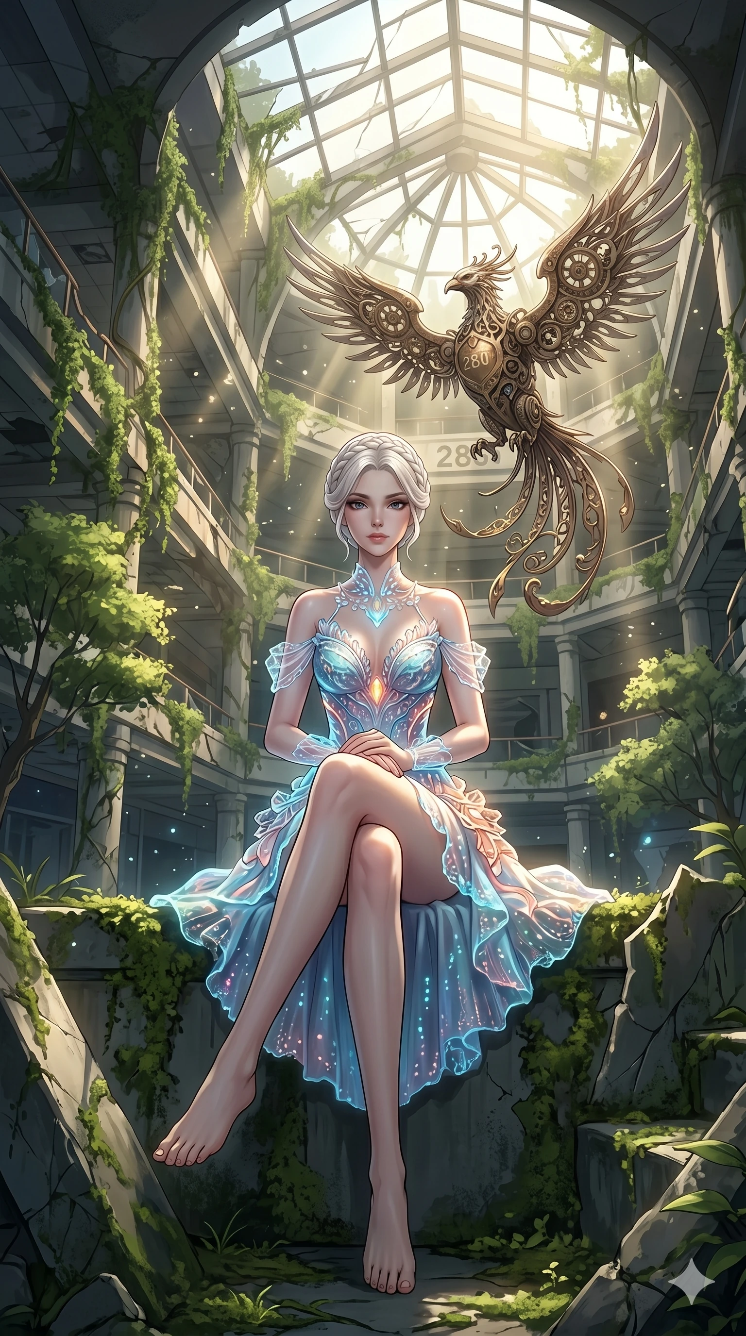 score_9, masterpiece, best quality, ultra-detailed, Set A: High-budget Anime Keyframe, Japanese woman. Low angle cowboy shot filling the entire 9:16 frame with her statuesque presence. Theme: Ethereal Dream. meditating in a ruined overgrown shopping mall, while a mechanical phoenix rises in the background marked 280. The atmosphere is filled with cinematic sunlight through leaves. She has an absolutely perfect 8-heads proportion, an exceptionally tall and slender female figure with impossibly long slender legs and an ultra-slim waist. Sharp v-shaped jawline, high-bridge nose, intricate jewel-like eyes with depth, glossy lips. Wearing Bioluminescent coral-reef dress with transparent shell-textured accessories. Cinematic lighting, vivid colors, dramatic shadows, 2k, ultra detail, master piece, 9:16 ratio