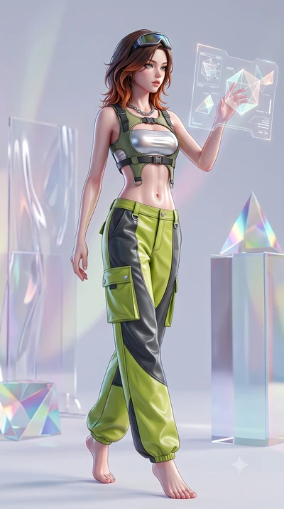 score_9, masterpiece, best quality, ultra-detailed, high-budget anime keyframe, semi-realistic 3D game render, editorial fashion photography, tasteful artistic composition, Korean woman. low angle full-body shot from head to toe showing her feet, fil