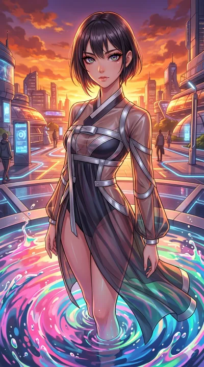 score_9, masterpiece, best quality, ultra-detailed, High-budget Anime Keyframe, beautiful Japanese anime girl. Upper body close-up from the thighs up, character filling the screen for maximum presence. Standing in a fountain of colorful liquid in a f