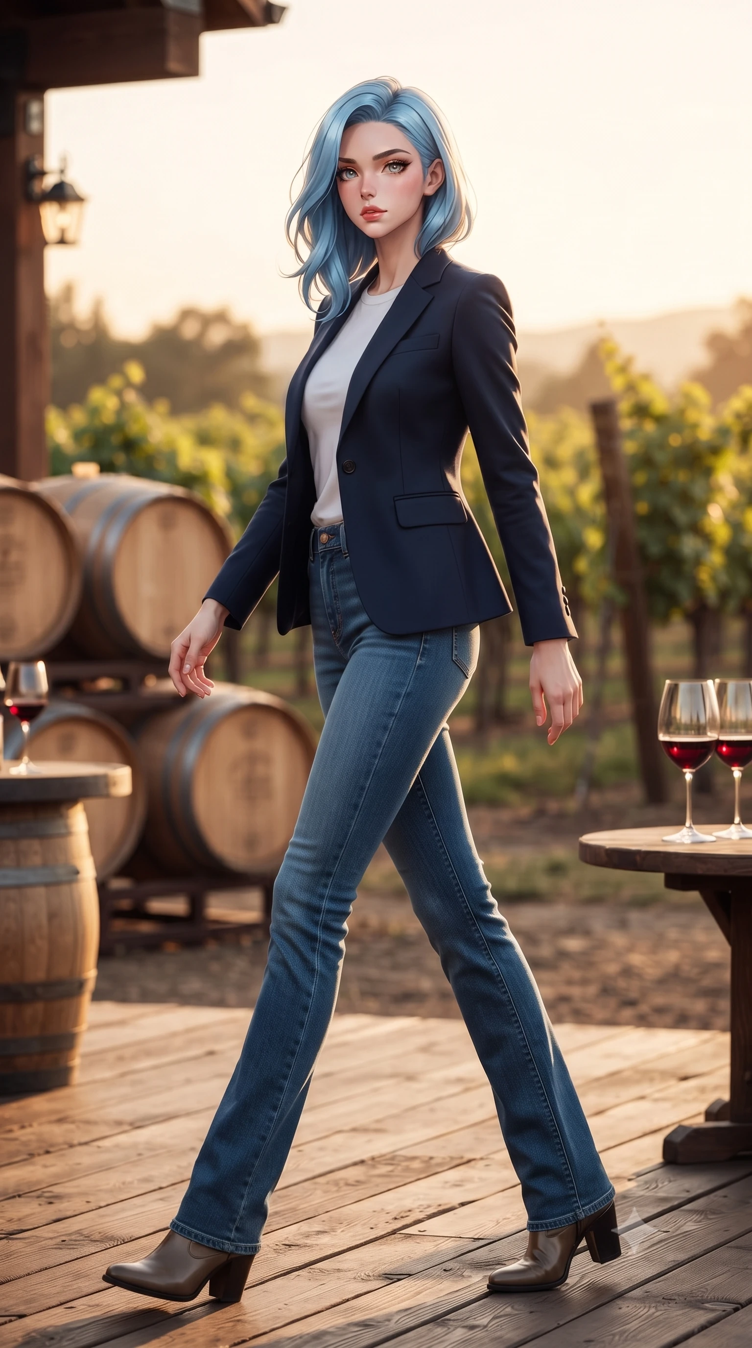 score_9, masterpiece, best quality, ultra-detailed, high-budget anime keyframe, editorial fashion photography, tasteful artistic composition, Korean woman woman. low angle full-body shot from head to toe showing her feet, filling the entire 9:16 vertical frame with her statuesque presence, stretching her vertical silhouette. stepping gracefully while looking back over her shoulder, her dress draped tightly to reveal her silhouette the background shows a soft-focus a wooden terrace of a vineyard winery, with wooden barrels and grapevines in soft focus. She has an absolutely perfect, statuesque 8.5-heads proportion, an exceptionally tall and slender model-like female figure with impossibly long slender legs and an ultra-slim waist. sharp v-shaped jawline, high-bridge nose, intricate jewel-like eyes with depth, thick eyelashes, glossy lips with a natural sheen. wearing a body-hugging classic navy blue blazer over a white crewneck shirt and straight-leg blue jeans. warm golden hour light tracing the grapevines and wine glasses in a golden rim light. ultra-reflective glossy finish, specular highlights, metallic sheen, high-contrast stereoscopic depth, volumetric dynamic lighting, 2k, ultra detail, master piece, 9:16 ratio