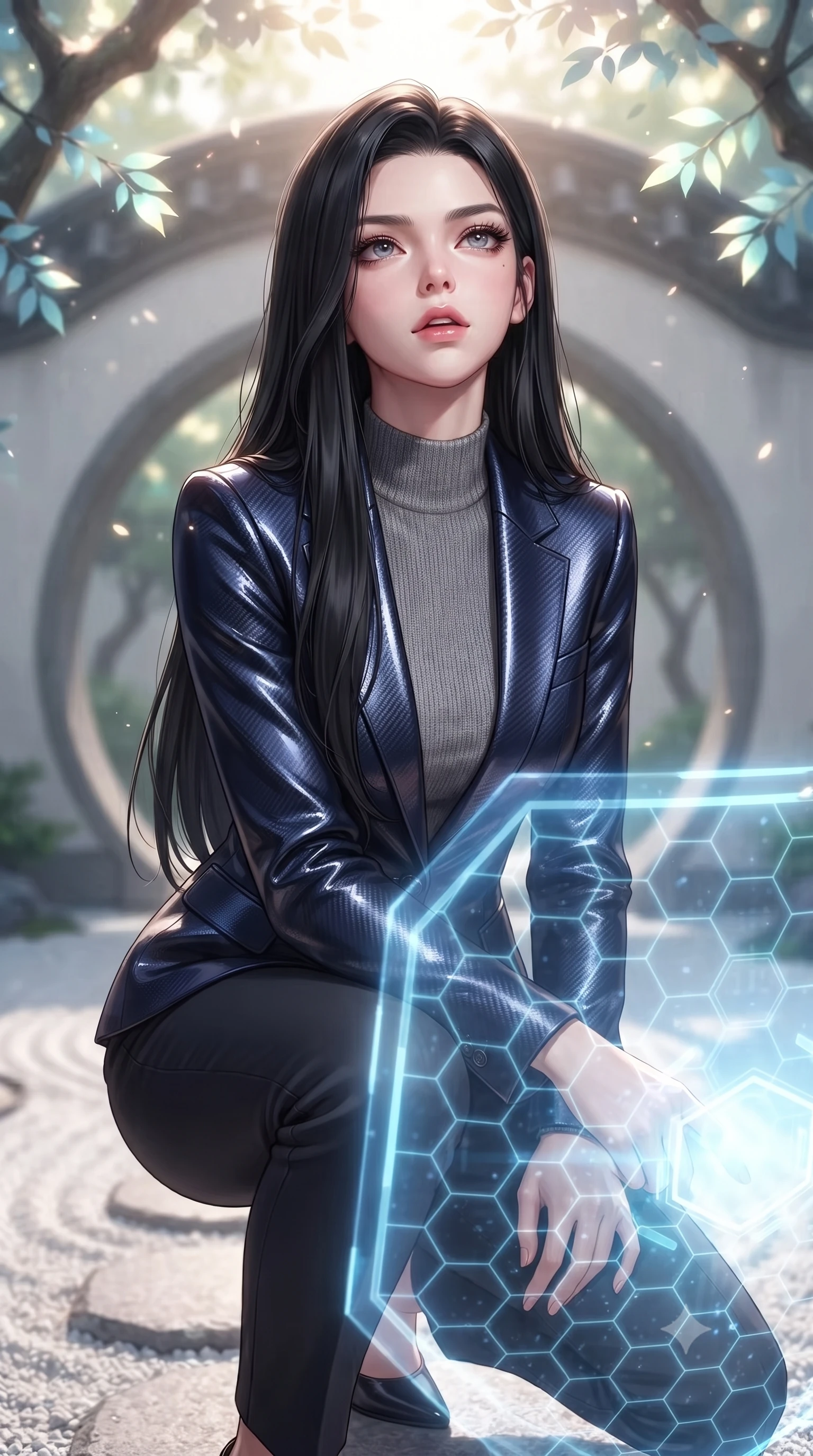 score_9, masterpiece, best quality, ultra-detailed, high-budget anime keyframe, editorial fashion photography, tasteful artistic composition, Korean woman. close-up cowboy shot from the waist and thighs up, the character dominates the composition, filling the frame with her large presence, background elements kept in soft focus. crouching slightly behind a glowing holographic shield emitter, looking up with defiance and lips slightly parted, the background shows a soft-focus a banyan tree courtyard with white raked gravel and stone path arches. She has an exceptionally elegant, slender, and willowy female figure with an ultra-slim waist, a gracefully sculpted slender torso, and a refined silhouette. sharp v-shaped jawline, high-bridge nose, intricate jewel-like eyes with depth, thick eyelashes, glossy lips with a natural sheen. wearing a body-hugging tailored carbon-fiber reinforced blazer in navy blue, worn closed over a high-neck grey knit top and slacks. dappled sunlight filtering through glowing leaves onto the white gravel path. ultra-reflective glossy finish, specular highlights, metallic sheen, high-contrast stereoscopic depth, volumetric dynamic lighting, 2k, ultra detail, master piece, 9:16 ratio
