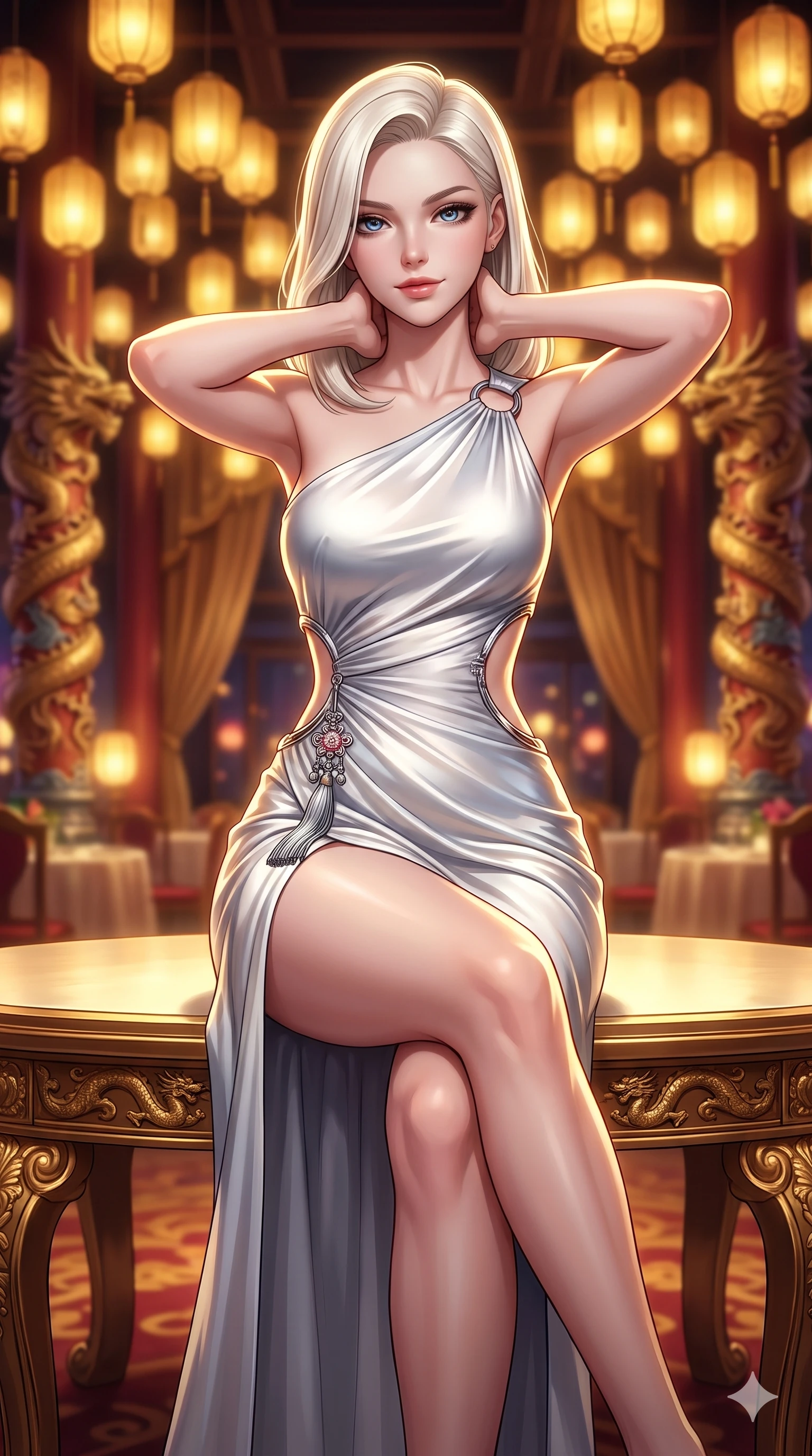 score_9, masterpiece, best quality, ultra-detailed, high-budget anime keyframe, semi-realistic 3D game render, editorial fashion photography, tasteful artistic composition, Caucasian woman. close-up cowboy shot from the waist and thighs up, the character dominates the composition, filling the frame with her large presence. resting both hands lightly behind her neck with elbows raised, arching her spine to highlight her narrow waist, flat midriff, and breathtaking collarbones while perched on the edge of the gilded banquet table with legs crossed, leaning close with sparkling eyes and an intoxicating siren smile. The background shows a soft-focus hundreds of glowing gold silk lanterns suspended from high ceilings, carved dragon pillars, and banquet drapes blurred into gold, amber, and crimson bokeh. She has an exceptionally elegant, slender, and willowy female figure with an ultra-slim waist, flat toned midriff, narrow ribcage, and sculpted feminine hips creating an alluring, slim hourglass silhouette without bulk. sharp v-shaped jawline, high-bridge nose, sparkling eyes with hypnotic seductive depth, thick curled eyelashes, glossy parted lips with a natural dewy peach sheen, alluring bedroom-eyes with an enchanting coquettish smile, exuding magnetic siren charisma and sophisticated glamour, flawlessly proportioned anatomical accuracy, strict slender model proportions, natural body alignment, perfectly sculpted long slender limbs, ultra-slim waistline, clean dynamic posture without body distortion. wearing an asymmetric one-shoulder liquid mercury silk dress with a dramatic hip-high wrap slit and norigae waist charm in celestial pearl white and moonlight platinum, tailored from heavy double-faced silk faille with an exceptionally fluid drape, accented with sculptural chrome hardware rings framing the subtle cutouts, the liquid-tight tailored fabric clinging flawlessly to her narrow waist and rounded feminine hips, emphasizing every millimeter of her sculpted slim hourglass curves without any bulky heaviness. illuminated by polished floor bounce and sharp gold-champagne rim lights sculpting her razor-sharp jawline, narrow waist, and curvy hips. highly saturated vibrant anime colors, detailed shading with soft gradients, rich glossy textures, high-contrast stereoscopic depth, volumetric dynamic lighting, master piece, 9:16 ratio