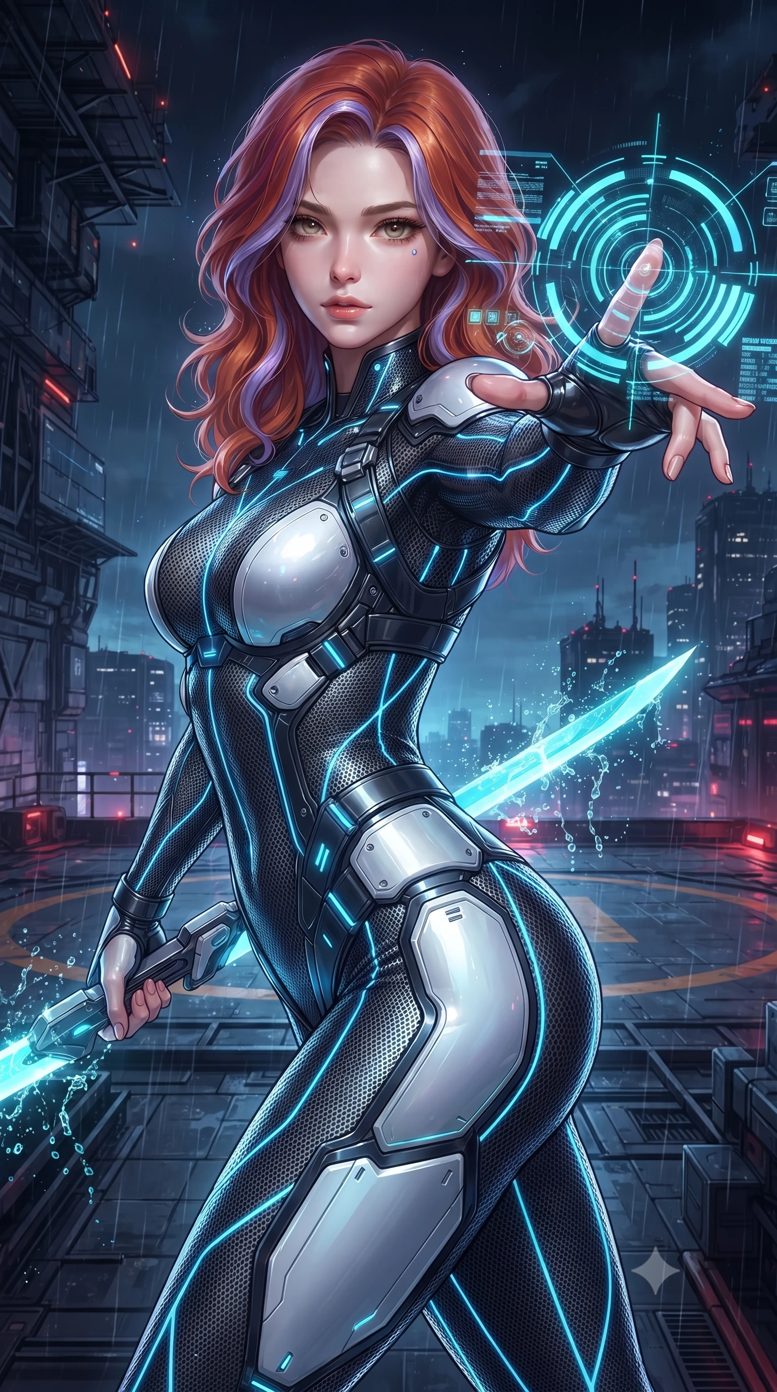 score_9, masterpiece, best quality, ultra-detailed, high-budget anime keyframe, editorial fashion photography, tasteful artistic composition, Caucasian woman. close-up cowboy shot from the waist and thighs up, the character dominates the composition, filling the frame with her large presence. extending one arm gracefully as glowing holographic targeting reticles and data streams orbit her fingertips with sovereign power while pivoting dynamically across the illuminated helipad markings as neon rain droplets splash off her glowing energy blade. The surrounding environment is rendered in vivid detail and crisp panoramic clarity. high-contrast tactical chiaroscuro and atmospheric cyberpunk urban textures captured with precision. She has an exceptionally elegant, slender, and willowy female figure with an ultra-slim waist, a gracefully sculpted slender torso, toned flat midriff, and a refined slim silhouette. sharp v-shaped jawline, high-bridge nose, intricate jewel-like eyes with depth, thick eyelashes, glossy lips with a natural sheen, flawlessly proportioned anatomical accuracy, strict slender model proportions, natural body alignment, perfectly sculpted long slender limbs, ultra-slim waistline, clean dynamic posture without body distortion. wearing an aerodynamic dark titanium carbon-mesh jumper with glowing blue fiber lines, holding twin chrome vibro-daggers with deadly supermodel poise in glacial ice-cyan carbon mesh with pure white armor plates, made of lightweight aerodynamic carbon-titanium alloy with polished edge bevels, reinforced by a sleek titanium tactical harness and glowing micro-energy straps, the sleek second-skin cut tightly hugging her graceful clavicle, narrow waist, and feminine curves with athletic precision. surrounded by an exhilarating, fierce, and breathtakingly stylish cyber-valkyrie aura. ultra-reflective glossy finish, specular highlights, dark metallic sheen, high-contrast stereoscopic depth, volumetric dynamic lighting, 2k, ultra detail, master piece, 9:16 ratio