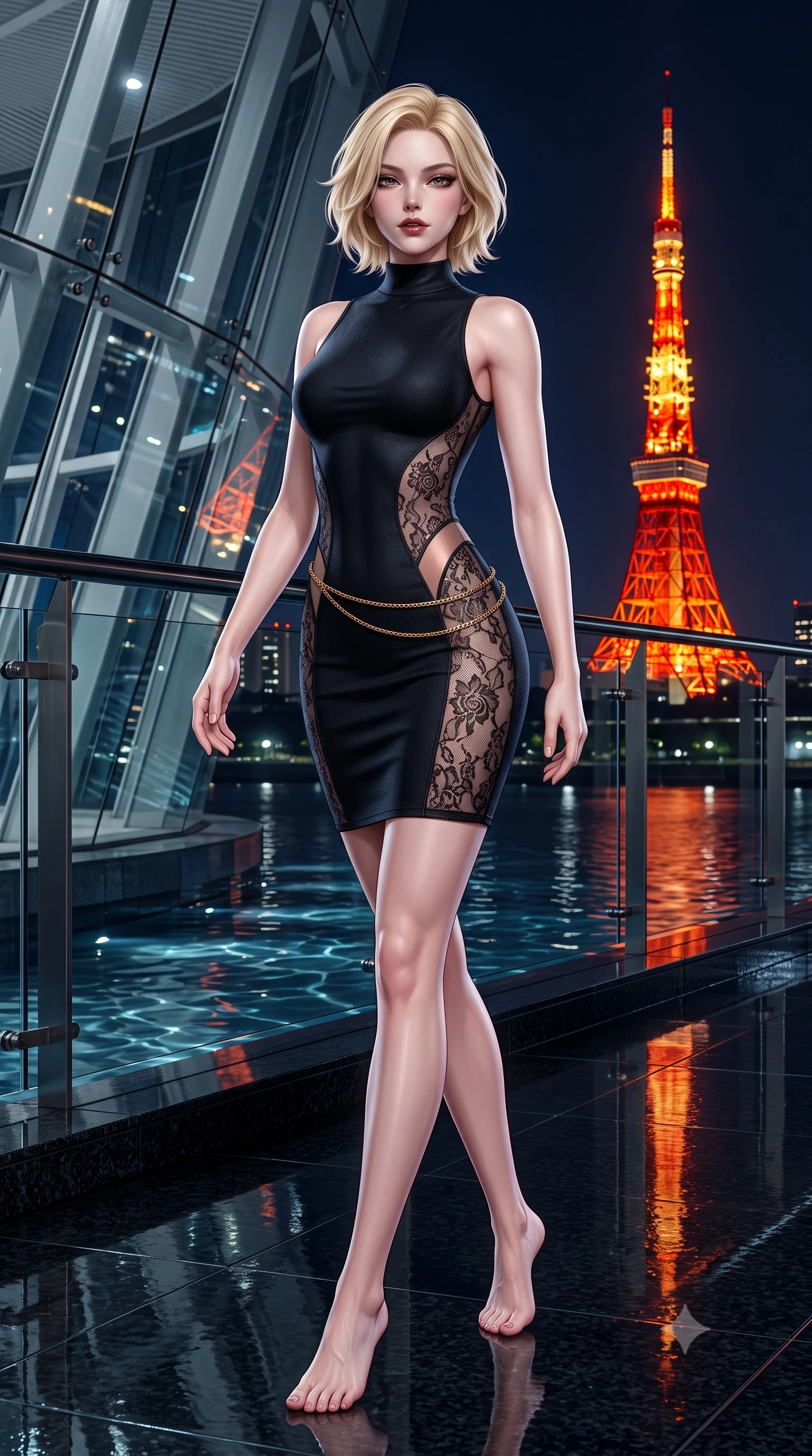 score_9, masterpiece, best quality, ultra-detailed, high-budget anime keyframe, semi-realistic 3D game render, editorial fashion photography, tasteful artistic composition, Caucasian woman. low angle full-body shot from head to toe showing her feet, filling the entire 9:16 vertical frame with her statuesque presence, stretching her vertical silhouette. striding forward gracefully across the reflective floor with sovereign supermodel poise, hips swaying in an alluring kinetic rhythm that accentuates her curvy hourglass silhouette and long slender legs while twisting her slender torso in an alluring S-curve beside the dark water, city lights and water caustics dancing across her narrow waist and hips. The surrounding environment is rendered in vivid detail and crisp panoramic clarity. sharp polished black granite edges, water caustics reflection patterns, and seamless glass balustrade clarity in deep focus. She has an exceptionally tall and slender model-like 8.5-heads proportion, an ultra-slim waist, a flat toned midriff, narrow delicate ribcage, and beautifully sculpted feminine hips creating a graceful, slim hourglass silhouette without any bulky heaviness, with impossibly long slender legs. sharp v-shaped jawline, high-bridge nose, intricate jewel-like dark sparkling eyes with dangerous depth, thick curled eyelashes, glossy parted lips with a rich wine sheen, smoldering seductive half-smile with bedroom-eyes, exuding effortless superiority and intoxicating dark allure, flawlessly proportioned anatomical accuracy, strict slender model proportions, natural body alignment, perfectly sculpted long slender limbs, ultra-slim waistline, clean dynamic posture without body distortion. wearing a high-neck sleeveless bodycon dress in textured matte obsidian with side-torso semi-sheer mesh inserts in smoky charcoal slate and molten rose gold, crafted from sheer delicate Chantilly lace with intricate gothic floral motifs, finished with a delicate gold snake chain belt resting loosely across her curvy hips, the form-contouring cut accentuating her sculpted flat midriff, narrow delicate ribcage, and gracefully curvy hips with sovereign high-fashion precision. bathed in the warm radiant scarlet and orange glow of Tokyo Tower contrasted with deep midnight navy skies. highly saturated vibrant anime colors, detailed shading with soft gradients, rich glossy textures, high-contrast stereoscopic depth, volumetric dynamic lighting, master piece, 9:16 ratio