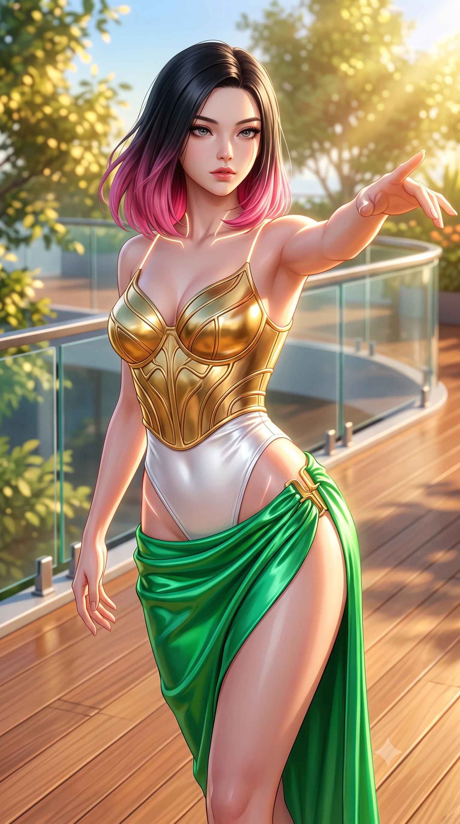 score_9, masterpiece, best quality, ultra-detailed, high-budget anime keyframe, semi-realistic 3D game render, editorial fashion photography, tasteful artistic composition, Korean woman. close-up cowboy shot from the waist and thighs up, the character dominates the composition, filling the frame with her large presence. extending one arm gracefully toward the light while her torso arches in a sleek, alluring curve with magnetic intensity while stretching forward with an alluring S-curve silhouette on a polished wooden sky-deck in full daylight. The composition keeps background elements in soft focus with creamy bokeh. sunlit sky-garden foliage and modern glass railings softened in clean shallow focus. She has an exceptionally elegant, slender, and willowy female figure with an ultra-slim waist, a gracefully sculpted slender torso, toned flat midriff, and a refined slim silhouette. sharp v-shaped jawline, high-bridge nose, intricate jewel-like eyes with depth, thick eyelashes, glossy lips with a natural sheen, flawlessly proportioned anatomical accuracy, strict slender model proportions, natural body alignment, perfectly sculpted long slender limbs, ultra-slim waistline, clean dynamic posture without body distortion. wearing a sculpted golden breastplate bodice paired with high-cut white satin briefs and a fluid draped side skirt in bright emerald green satin and gold hardware, made of liquid metal jersey that clings flawlessly to every contour of her build, accented with glowing fiber-optic seams tracing her collarbones and hip curves, the glove-like aerodynamic second-skin fit tightly clinging to her ultra-slender waist and athletic curves without adding bulk, accentuating her razor-sharp statuesque lines and slim hourglass silhouette. surrounded by an exhilarating, elevated, and radiantly sensual rooftop garden aura. highly saturated vibrant anime colors, detailed shading with soft gradients, rich glossy textures, high-contrast stereoscopic depth, volumetric dynamic lighting, master piece, 9:16 ratio
