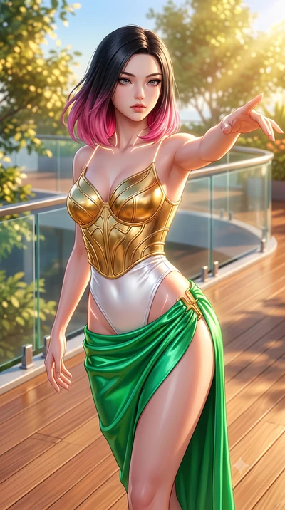 score_9, masterpiece, best quality, ultra-detailed, high-budget anime keyframe, semi-realistic 3D game render, editorial fashion photography, tasteful artistic composition, Korean woman. close-up cowboy shot from the waist and thighs up, the characte