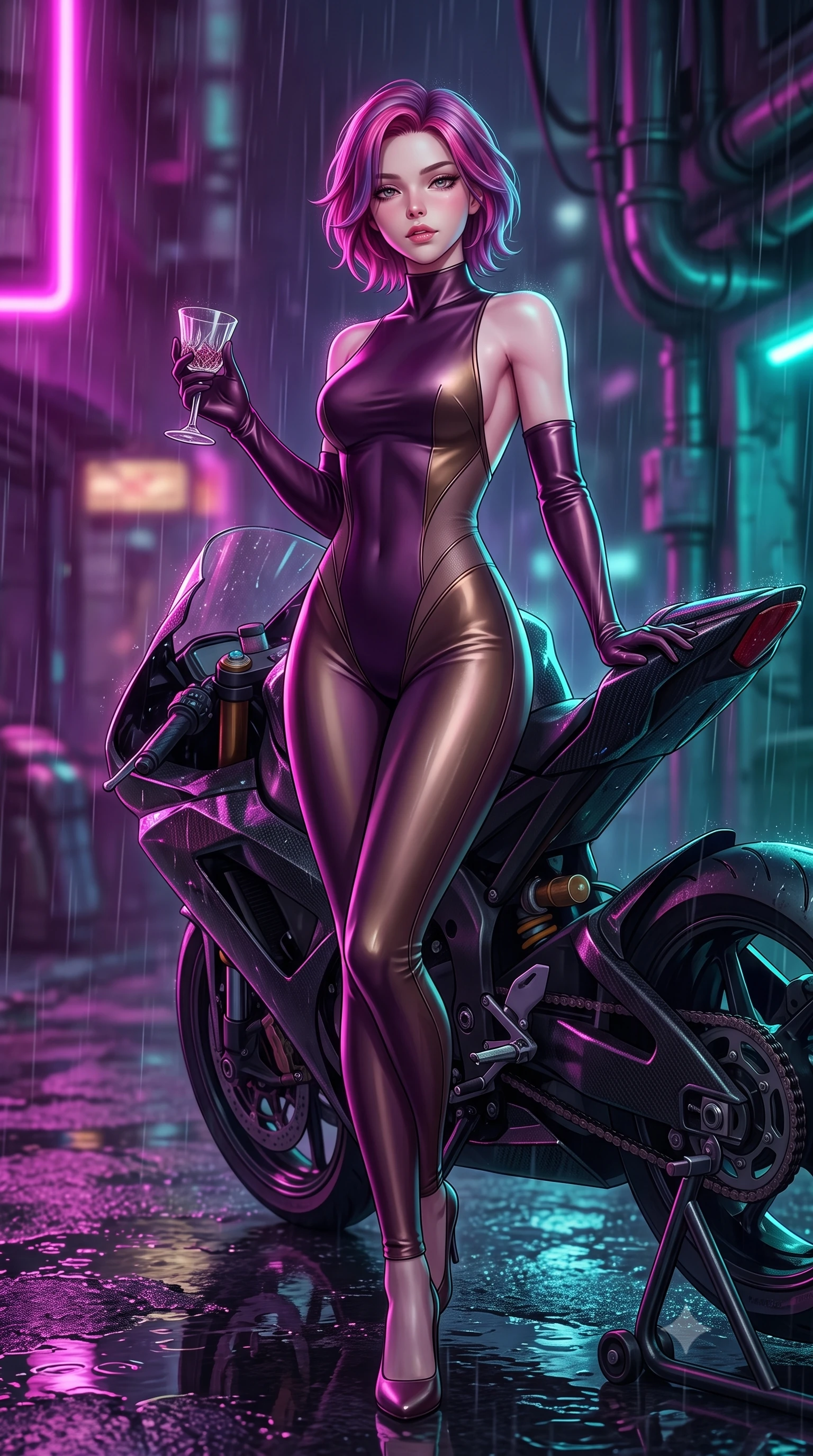 score_9, masterpiece, best quality, ultra-detailed, high-budget anime keyframe, semi-realistic 3D game render, editorial fashion photography, tasteful artistic composition, Caucasian woman. low angle full-body shot from head to toe showing her feet, filling the entire 9:16 vertical frame with her statuesque presence, stretching her vertical silhouette. striding forward in a proud supermodel runway stride, hips swaying in an alluring kinetic rhythm that accentuates her curvy hourglass silhouette while reclining casually against a rain-drenched carbon fiber bike stand propped on one elbow, her slender waist and curved hips sculpted by neon chiaroscuro. The composition keeps background elements in soft focus with creamy bokeh. cybernetic utility pipes and wet asphalt puddles softened in moody cyberpunk shallow focus. She has an exceptionally tall and slender model-like 8.5-heads proportion, an ultra-slim waist, a flat toned midriff, narrow delicate ribcage, and beautifully sculpted feminine hips creating a graceful, slim hourglass silhouette without any bulky heaviness, with impossibly long slender legs. sharp v-shaped jawline, high-bridge nose, intricate jewel-like eyes with depth, thick eyelashes, glossy parted lips with a natural sheen, intensely captivating and seductive bedroom-eyes expression, flawlessly proportioned anatomical accuracy, strict slender model proportions, natural body alignment, perfectly sculpted long slender limbs, ultra-slim waistline, clean dynamic posture without body distortion. wearing a second-skin compression catsuit with an open back and sheer mesh side waist contouring in deep plum violet and antique bronze, tailored from ultra-smooth duchess satin with a pearlescent sheen, accessorized with opera-length satin gloves and a vintage crystal glass, the second-skin form-contouring cut accentuating her sculpted flat midriff, narrow delicate ribcage, and gracefully curvy hips with supermodel precision. bathed in high-contrast electric magenta and turquoise neon edge lights contrasting with rain-soaked shadow tones. highly saturated vibrant anime colors, detailed shading with soft gradients, rich glossy textures, high-contrast stereoscopic depth, volumetric dynamic lighting, master piece, 9:16 ratio