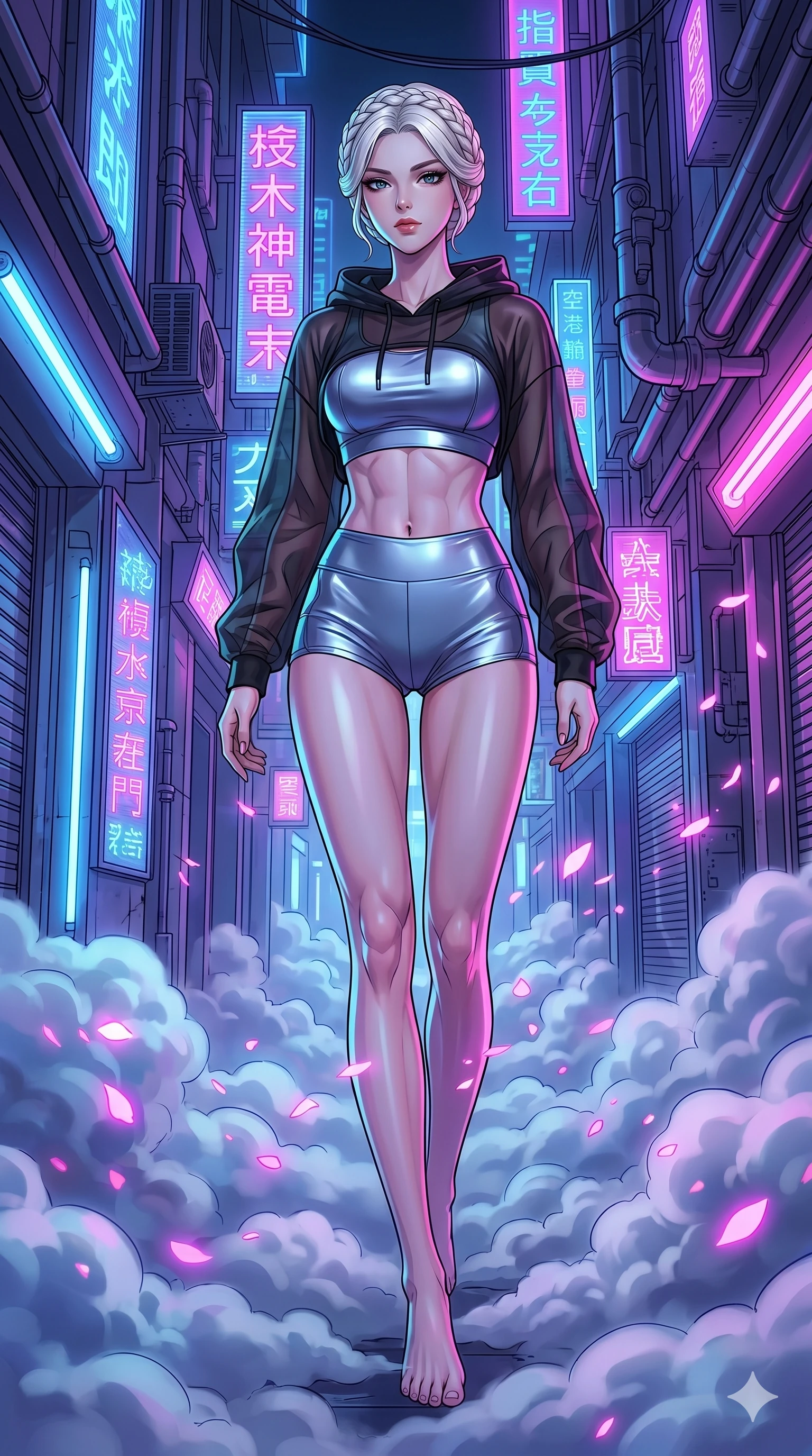 score_9, masterpiece, best quality, ultra-detailed, high-budget anime movie keyframe, cinematic anime lighting, intricate line art, Japanese woman. Low angle cowboy shot filling the entire 9:16 frame with her statuesque presence. navigating a sea of clouds in a neon-lit cyberpunk alleyway with digital sakura petals. She has an absolutely perfect 8-heads proportion, an exceptionally tall and slender female figure with an ultra-slim waist and impossibly long slender legs. sharp v-shaped jawline, high-bridge nose, intricate jewel-like eyes, thick eyelashes, glossy lips. Wearing premium athleisure set with a metallic-finish compression top, high-cut yoga shorts that accentuate her long legs, and a sheer oversized hoodie. The scene is illuminated by dramatic atmospheric lighting and vibrant color palettes. , 2k, ultra detail, master piece, 9:16 ratio