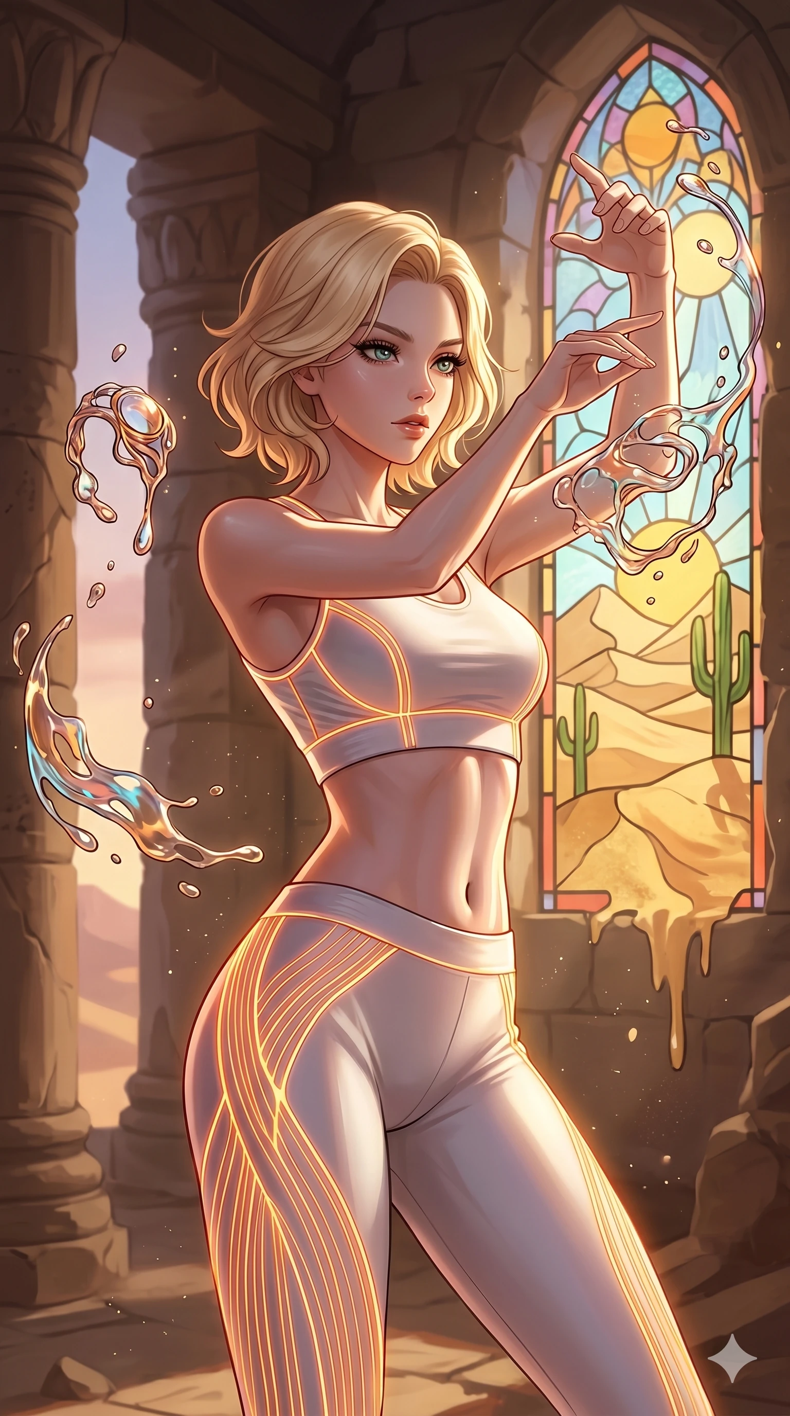 score_9, masterpiece, best quality, ultra-detailed, high-budget anime keyframe, Caucasian woman, strictly human ears. upper body close-up from the thighs up, character filling the screen for maximum presence. interacting with liquid stained-glass that melts and swirls in mid-air inside a crumbling desert ruin, the fluid jewelry floating in suspension. She has an absolutely perfect 8-heads proportion, an exceptionally tall and slender female figure with impossibly long slender legs and an ultra-slim waist. V-shaped jawline, high-bridge nose, intricate jewel-like eyes with depth, thick eyelashes, glossy lips with a natural sheen.. wearing a neon filament athleisure set, featuring a tight white crop top and matching leggings woven with glowing orange neon filaments, highlighting her slender body contour. lit by a soft glowing ambient light and a sharp side key light that traces the sleek contours of her athletic build. 2k, ultra detail, master piece, 9:16 ratio