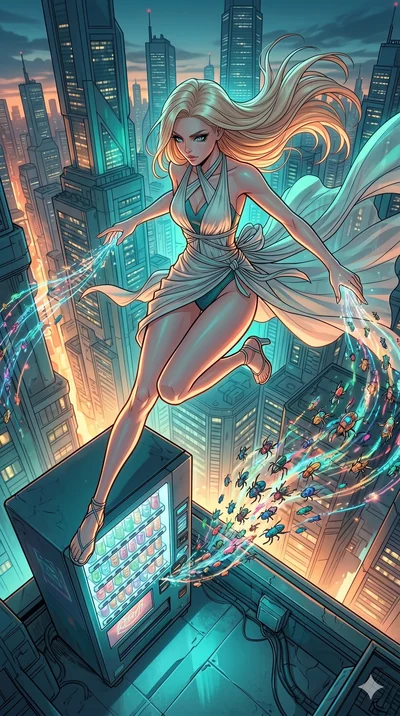 score_9, masterpiece, best quality, ultra-detailed, high-budget anime movie keyframe, cinematic anime lighting, intricate line art, Japanese anime girl. Extreme high angle shot as she leaps towards the camera, filling the frame. hacking a vending mac